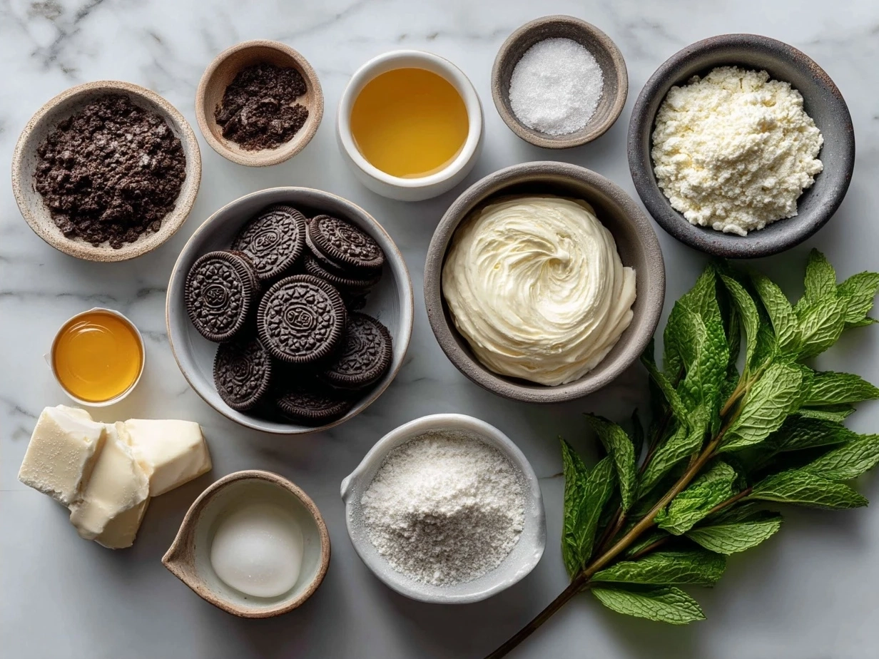 Ingredients for Mint Oreo Balls including Mint Oreos, cream cheese, chocolate, peppermint extract, and optional butter