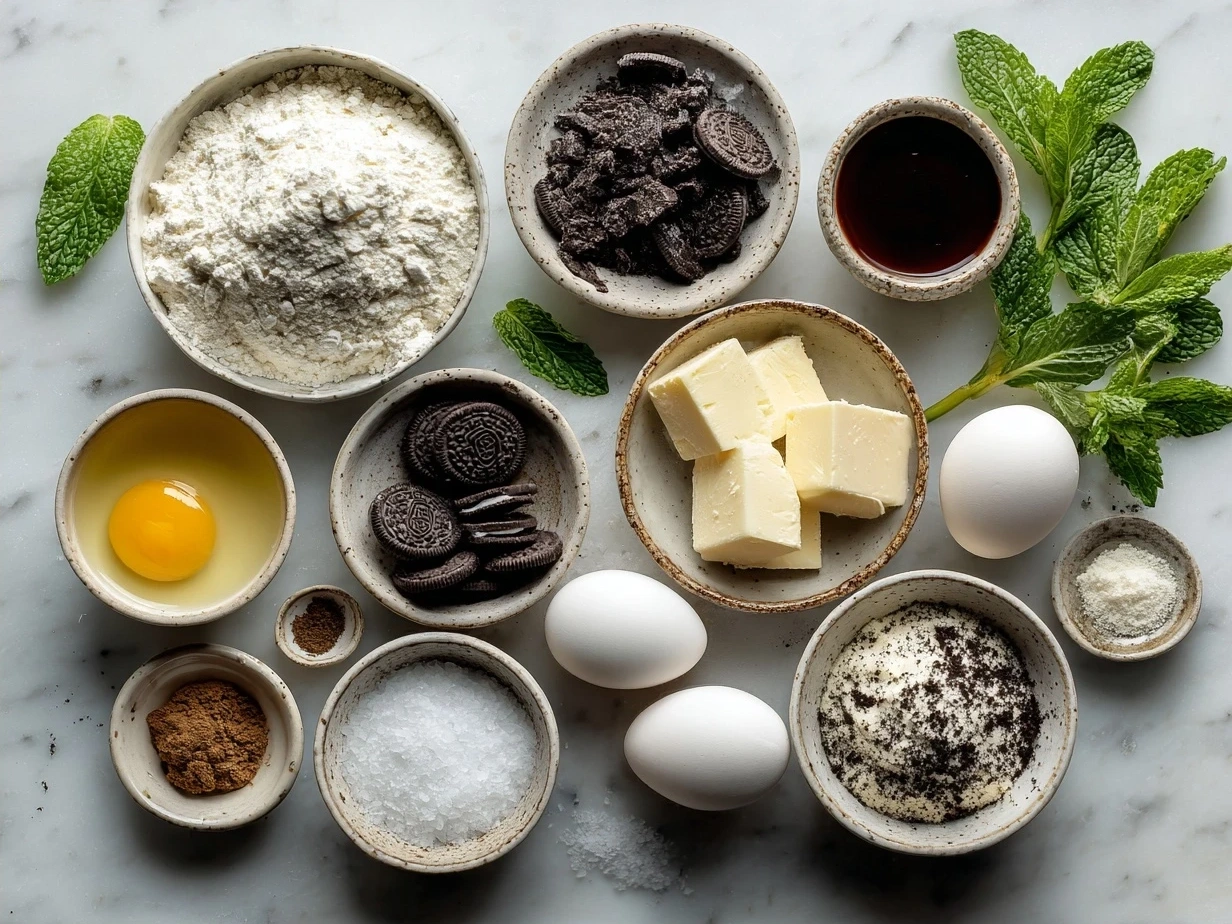 Ingredients for Mint Oreo Brownies including butter, sugar, eggs, flour, cocoa powder, and chopped Mint Oreos