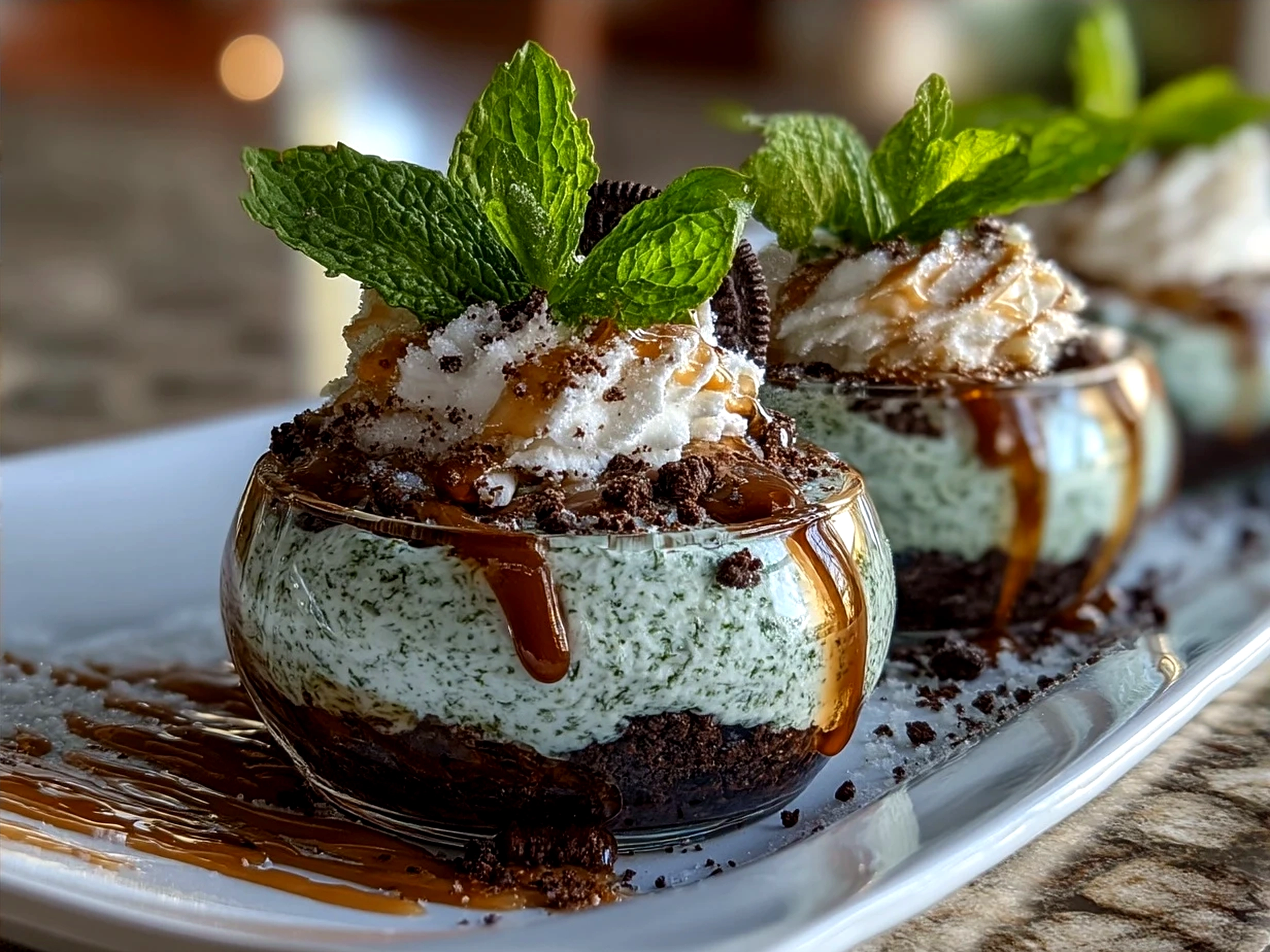 Serving presentation of layered Mint Oreo Parfaits with fresh mint garnish