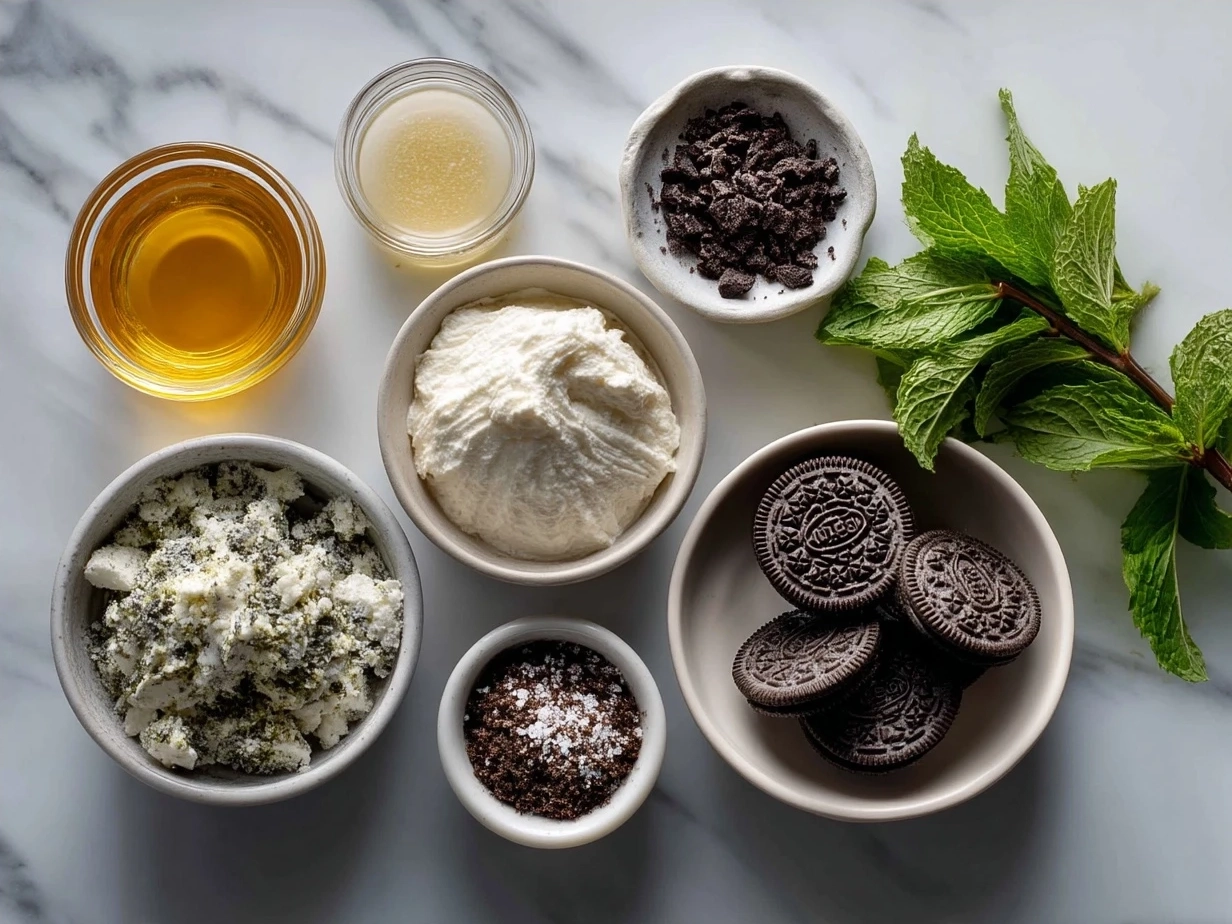 Ingredients for Mint Oreo Parfaits displayed on a wooden table