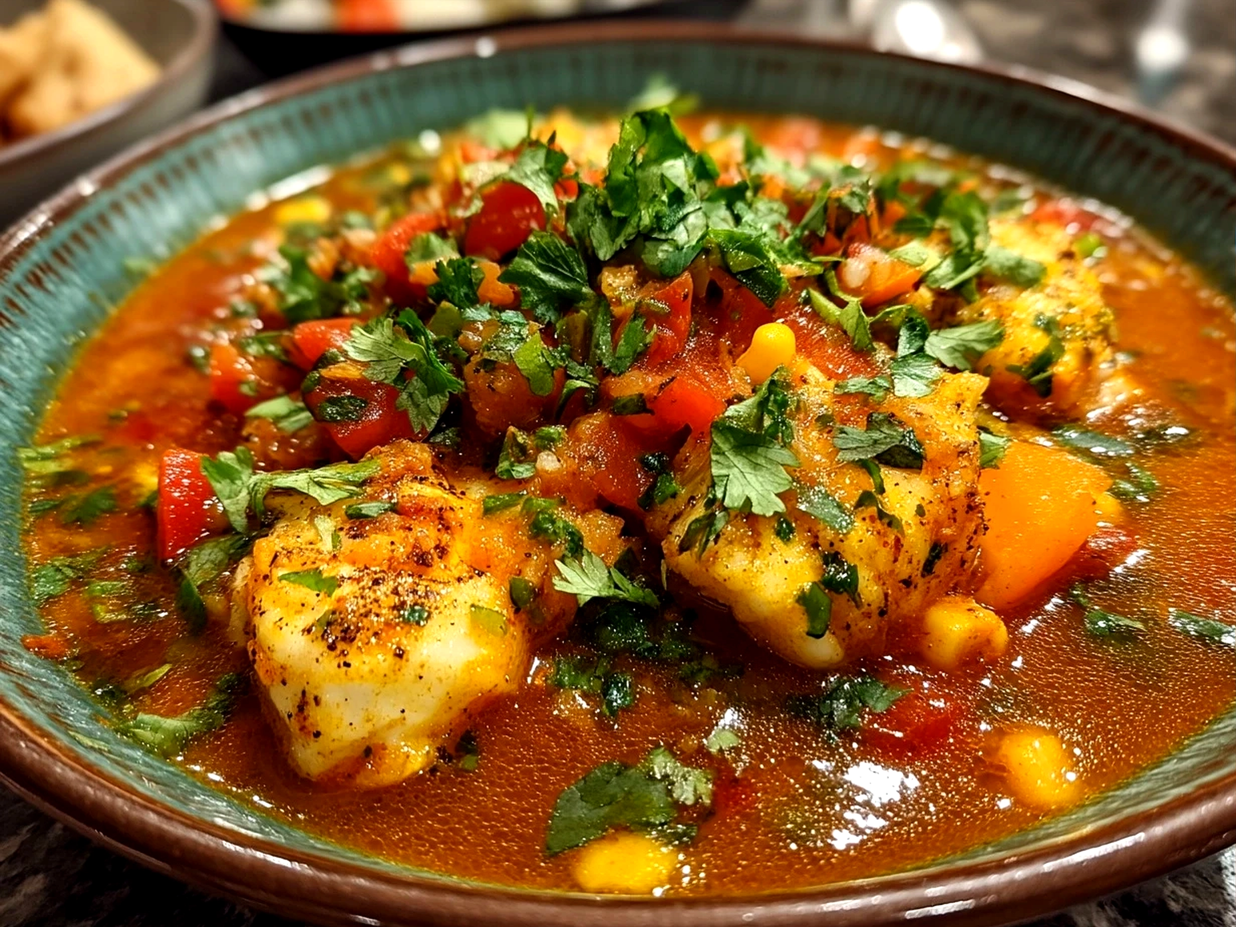 Serving of Moqueca Fish Stew with rice and fresh herbs