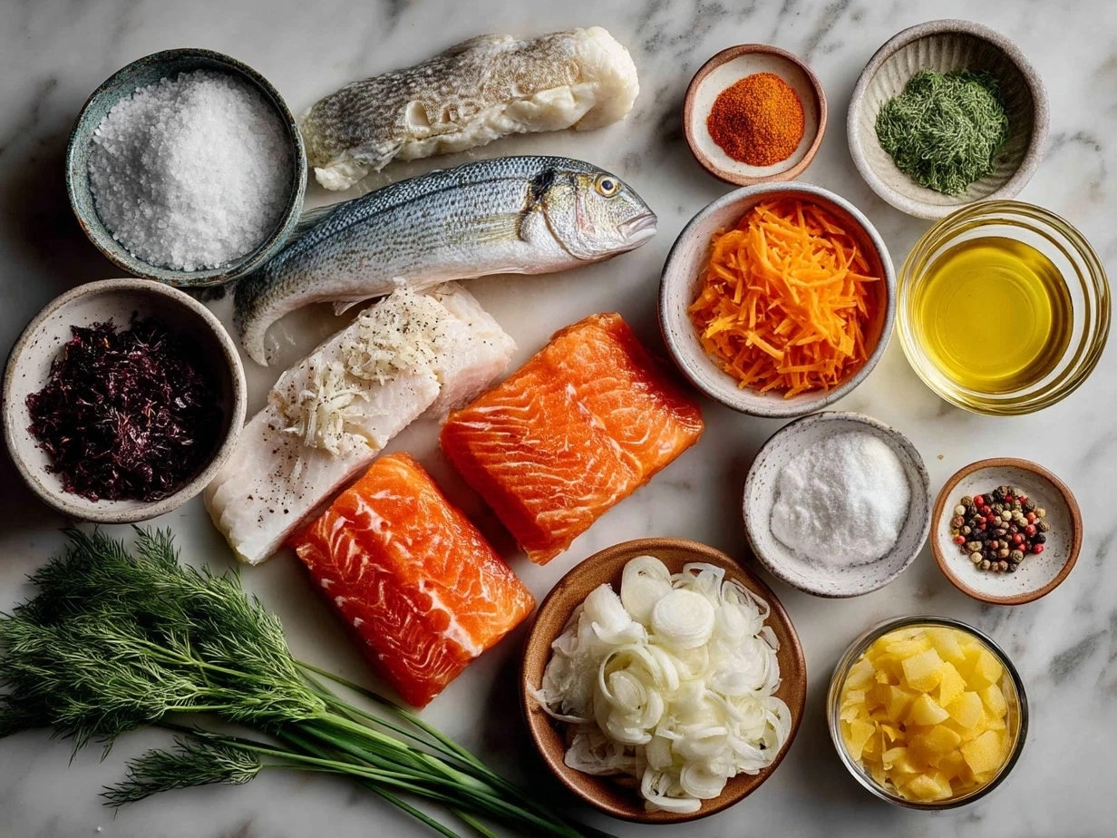 Ingredients for Moqueca Fish Stew including fresh fish, vegetables, and spices