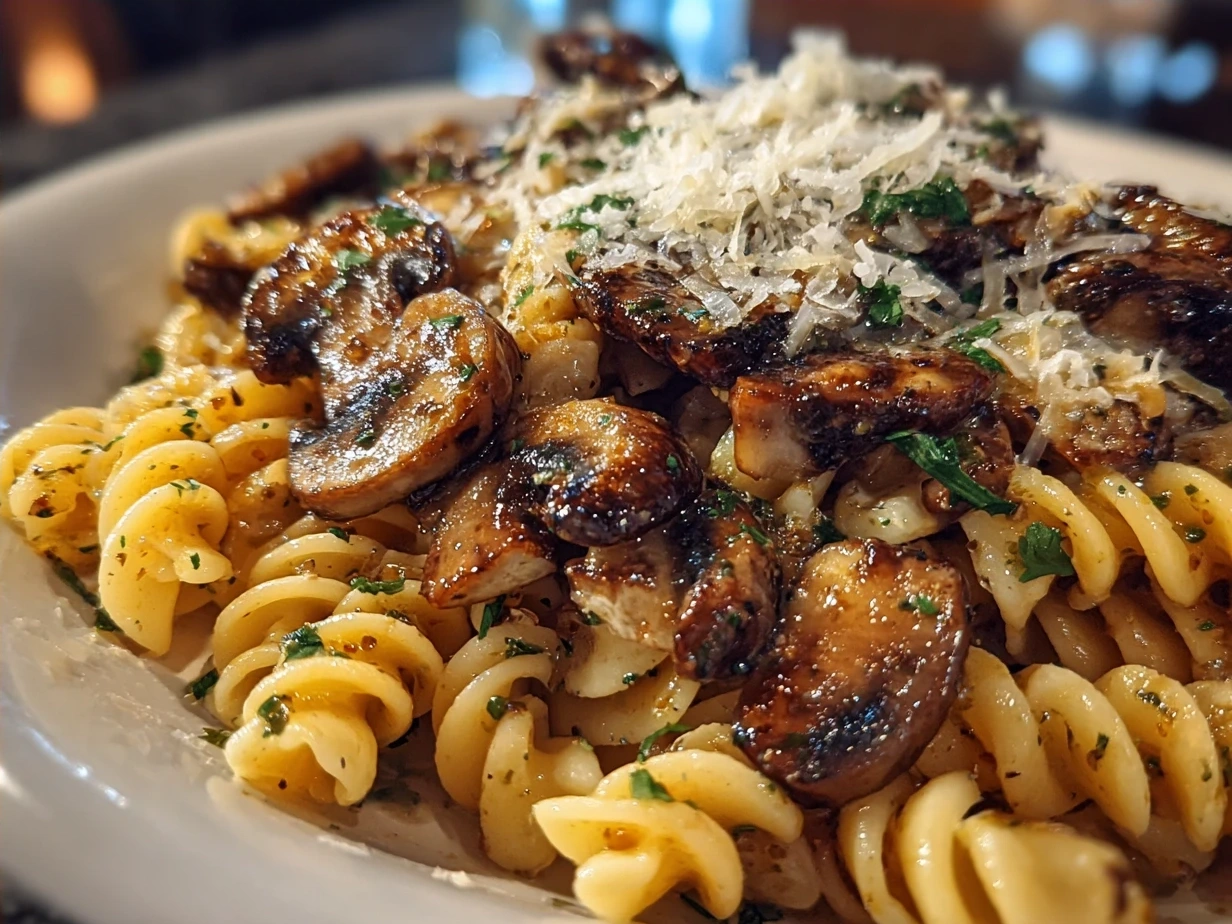 Creamy Mushroom Gruyere Pasta served on a plate with garnish