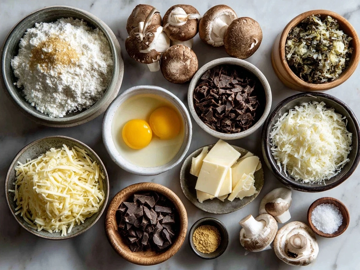 Fresh ingredients for Mushroom Gruyere Pasta including mushrooms, garlic, butter, olive oil, cream, Gruyere cheese, pasta, thyme, and seasonings