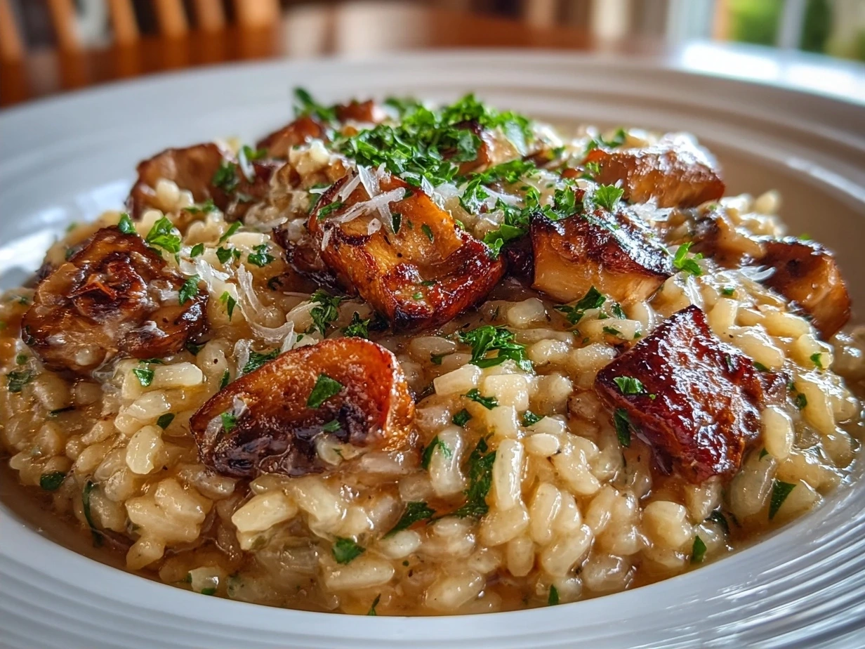 Finished mushroom risotto with parmesan cheese and parsley