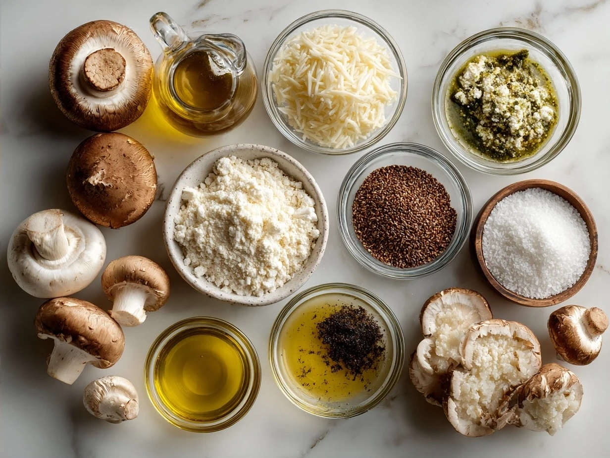 Ingredients for mushroom risotto: vegetable broth, olive oil, shallot, garlic, arborio rice, mixed mushrooms, white wine, parmesan cheese, butter, parsley, salt and pepper