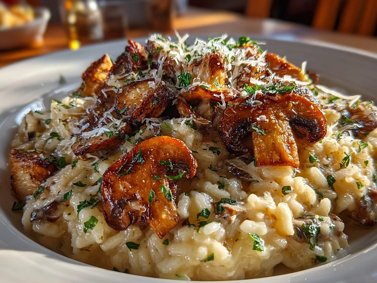 Finished creamy mushroom risotto garnished with fresh parsley and Parmesan cheese