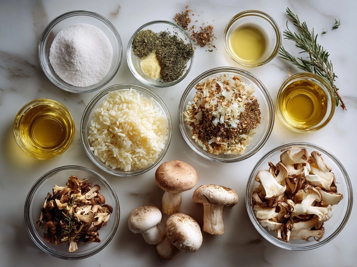 Fresh ingredients for mushroom risotto recipe including Arborio rice, mushrooms, onion, garlic, and herbs