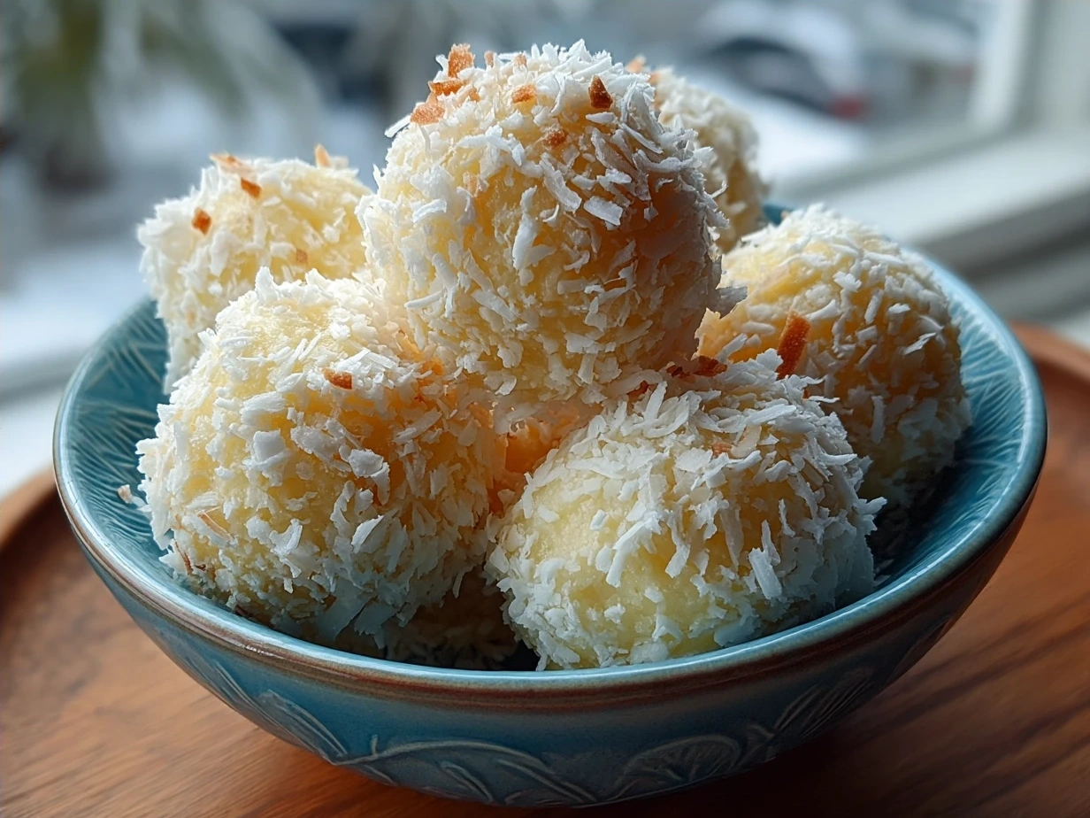 Plate of finished No-Bake Coconut Balls with Cream Cheese ready to serve