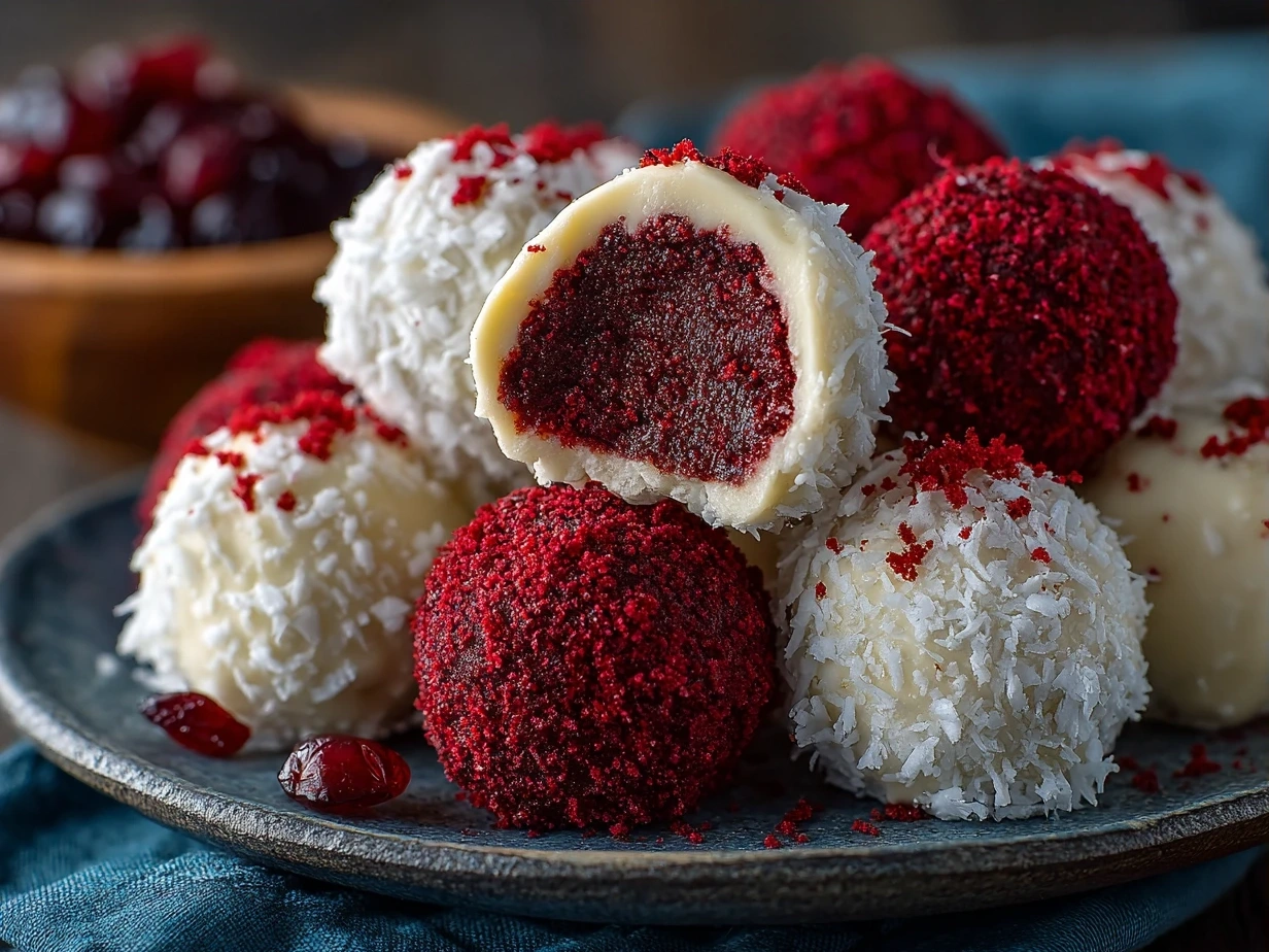 Finished No-Bake Red Velvet Snowball Truffles dusted with powdered sugar and ready to enjoy