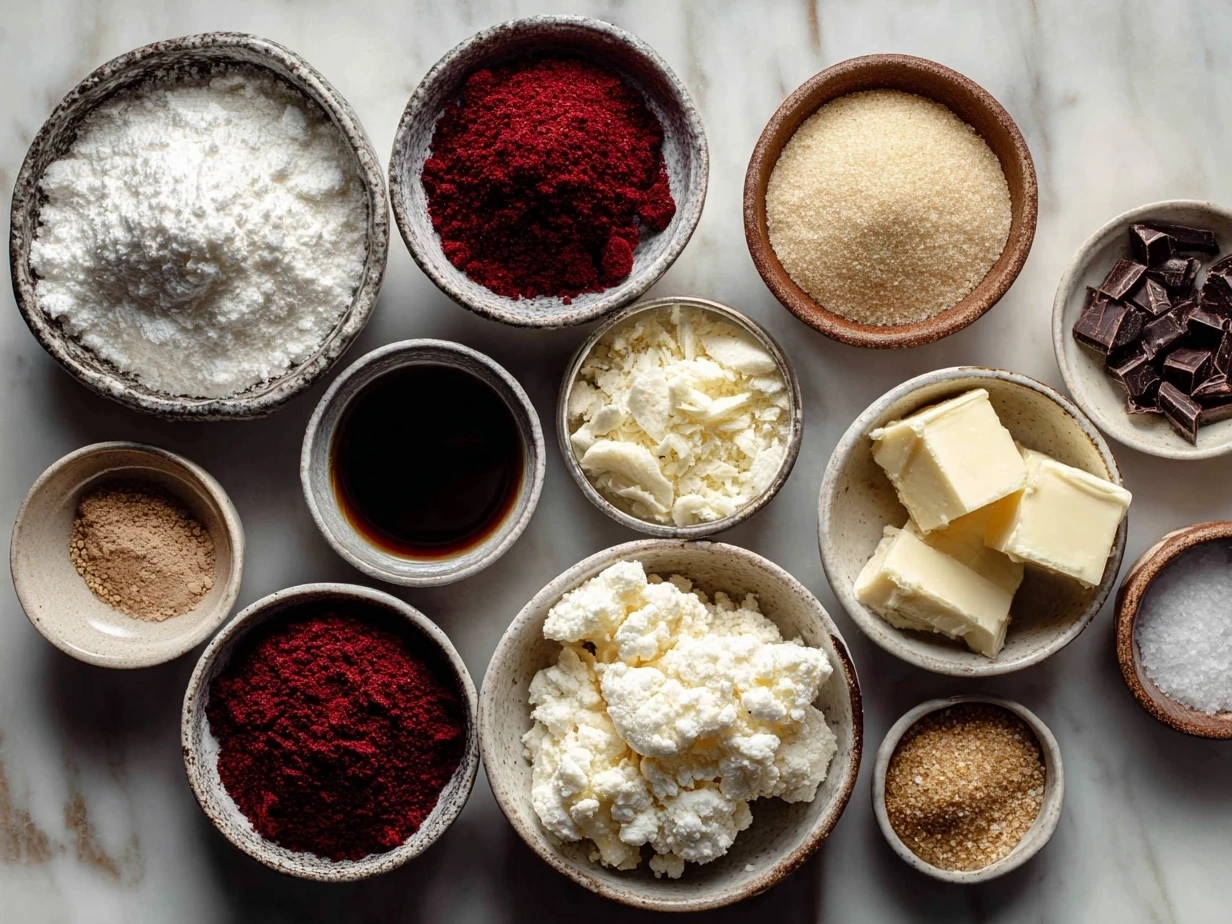 Ingredients for No-Bake Red Velvet Snowball Truffles including cream cheese, powdered sugar, red velvet cake crumbs, white chocolate chips, cocoa powder, and vanilla extract