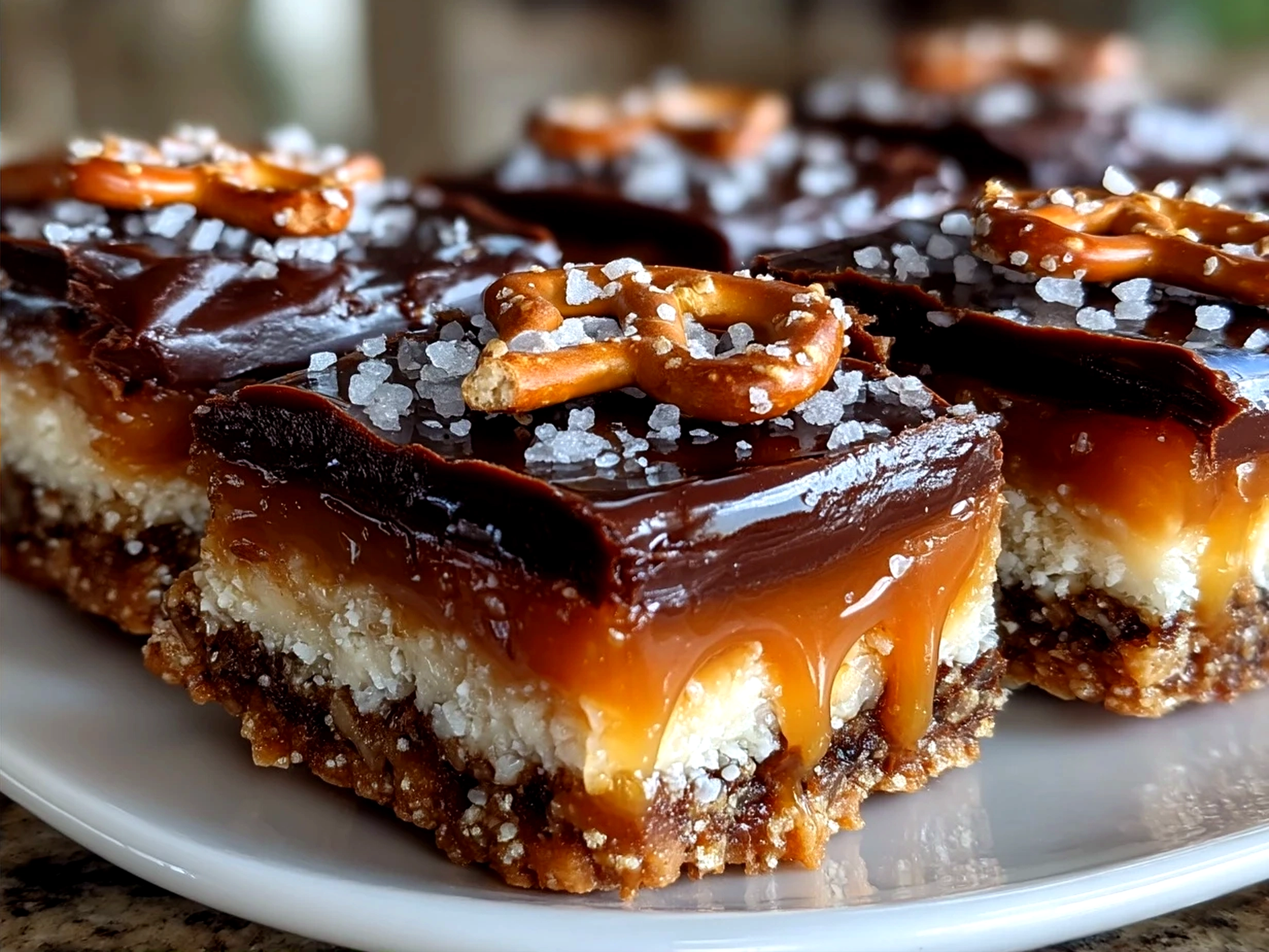 No Bake Salted Caramel Pretzel Bars served on a plate, ready to eat