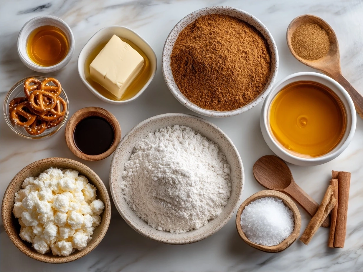 Ingredients for No Bake Salted Caramel Pretzel Bars laid out on a table
