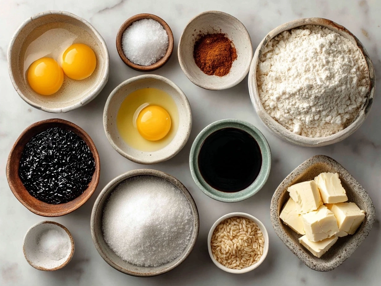 Ingredients for Omurice Japanese Rice Omelet including rice, chicken, eggs, vegetables, and seasonings