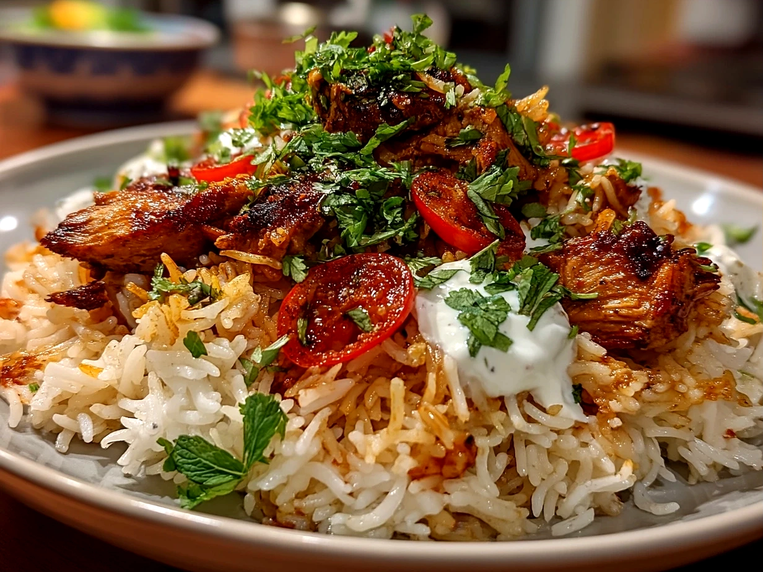Serving of One-Pot Chicken Shawarma Rice garnished with fresh herbs