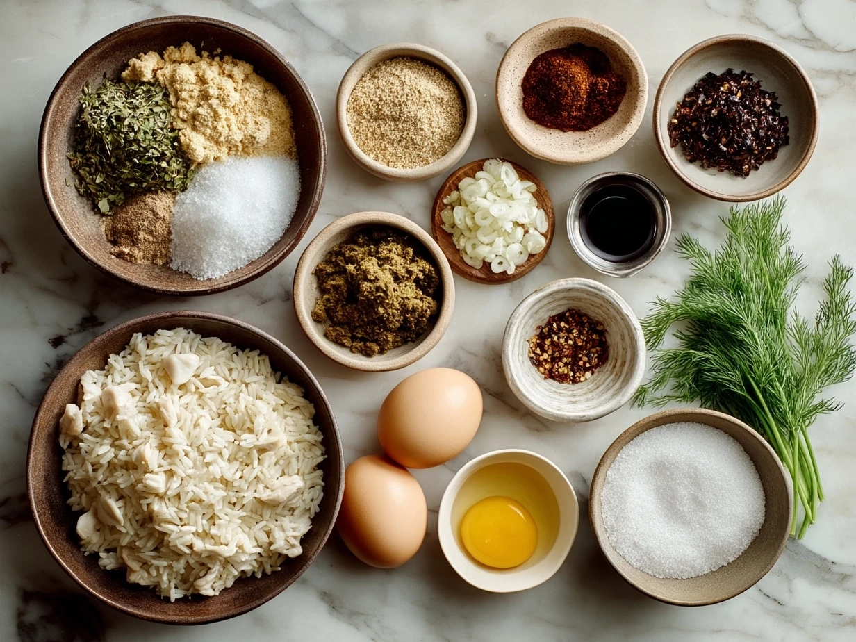 Ingredients for One-Pot Chicken Shawarma Rice including chicken thighs, rice, spices, onions, garlic, tomatoes, and broth