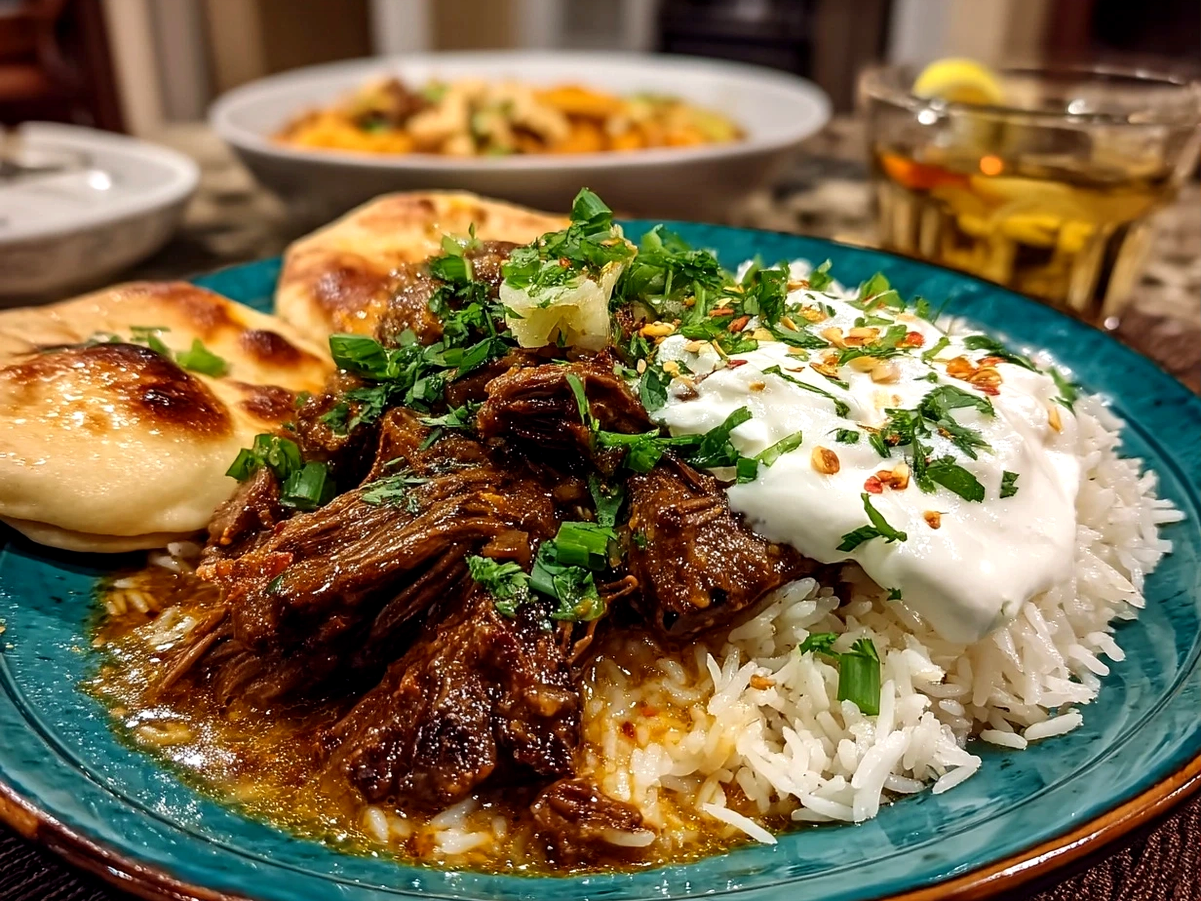 Serving of One-Pot Lamb Kalya with Yogurt and Cream with basmati rice and fresh cilantro garnish
