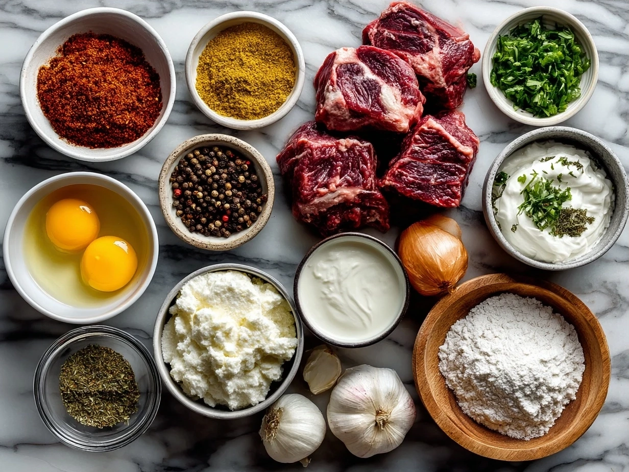 Ingredients for One-Pot Lamb Kalya with Yogurt and Cream including spices, lamb pieces, yogurt, cream and onions