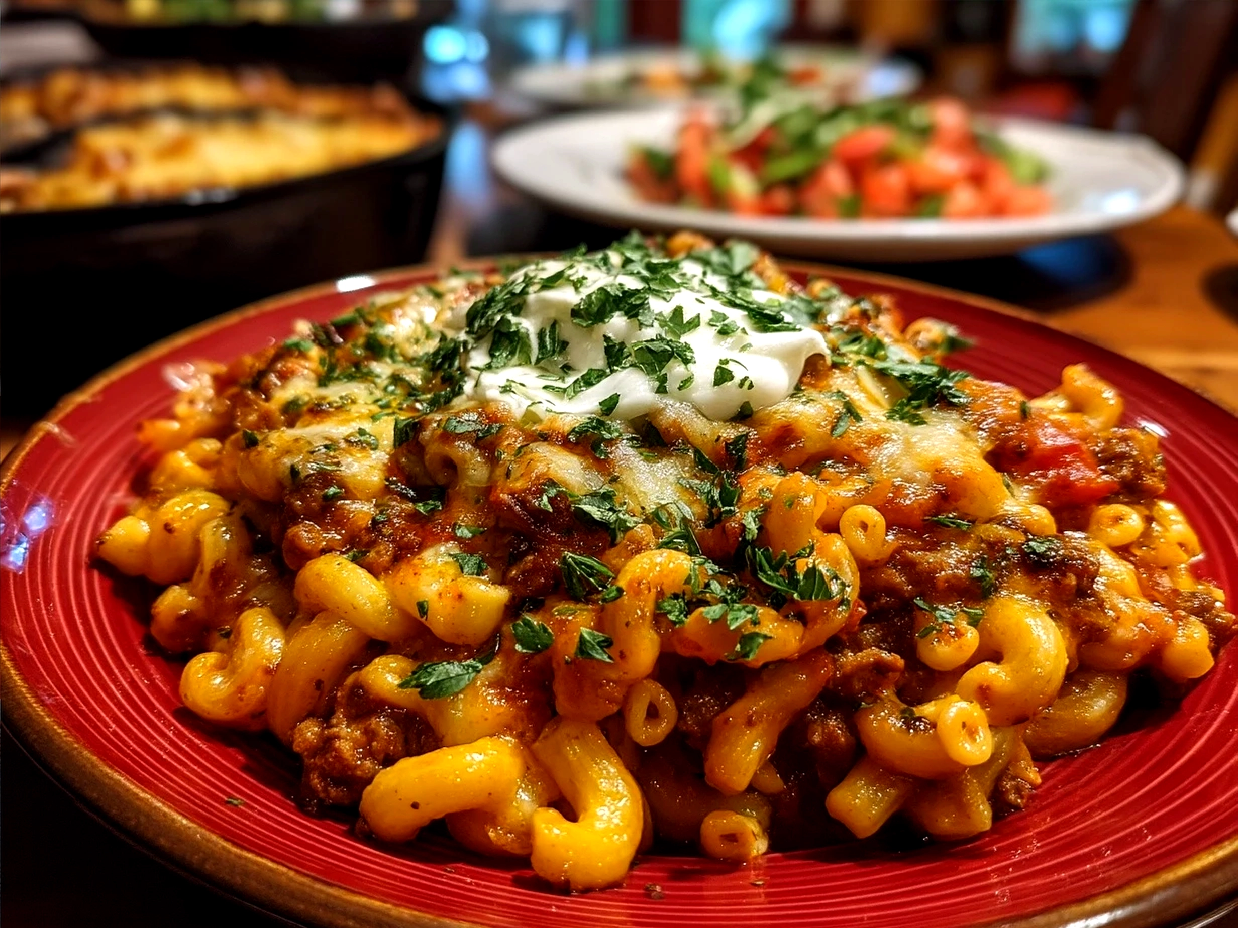 Serving of One Pot Chili Mac and Cheese garnished with fresh herbs