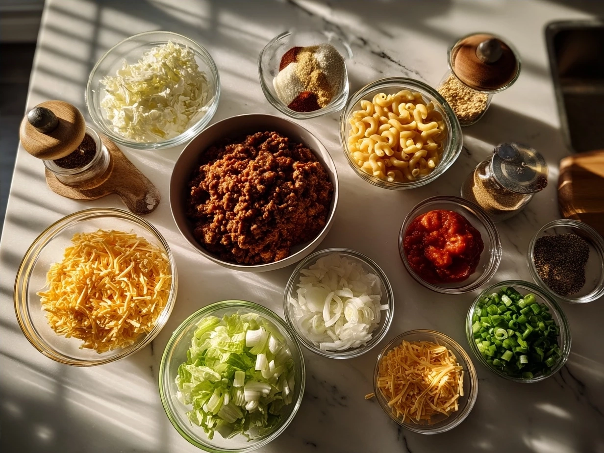Ingredients for One Pot Chili Mac and Cheese, including ground beef, spices, cheese, and pasta