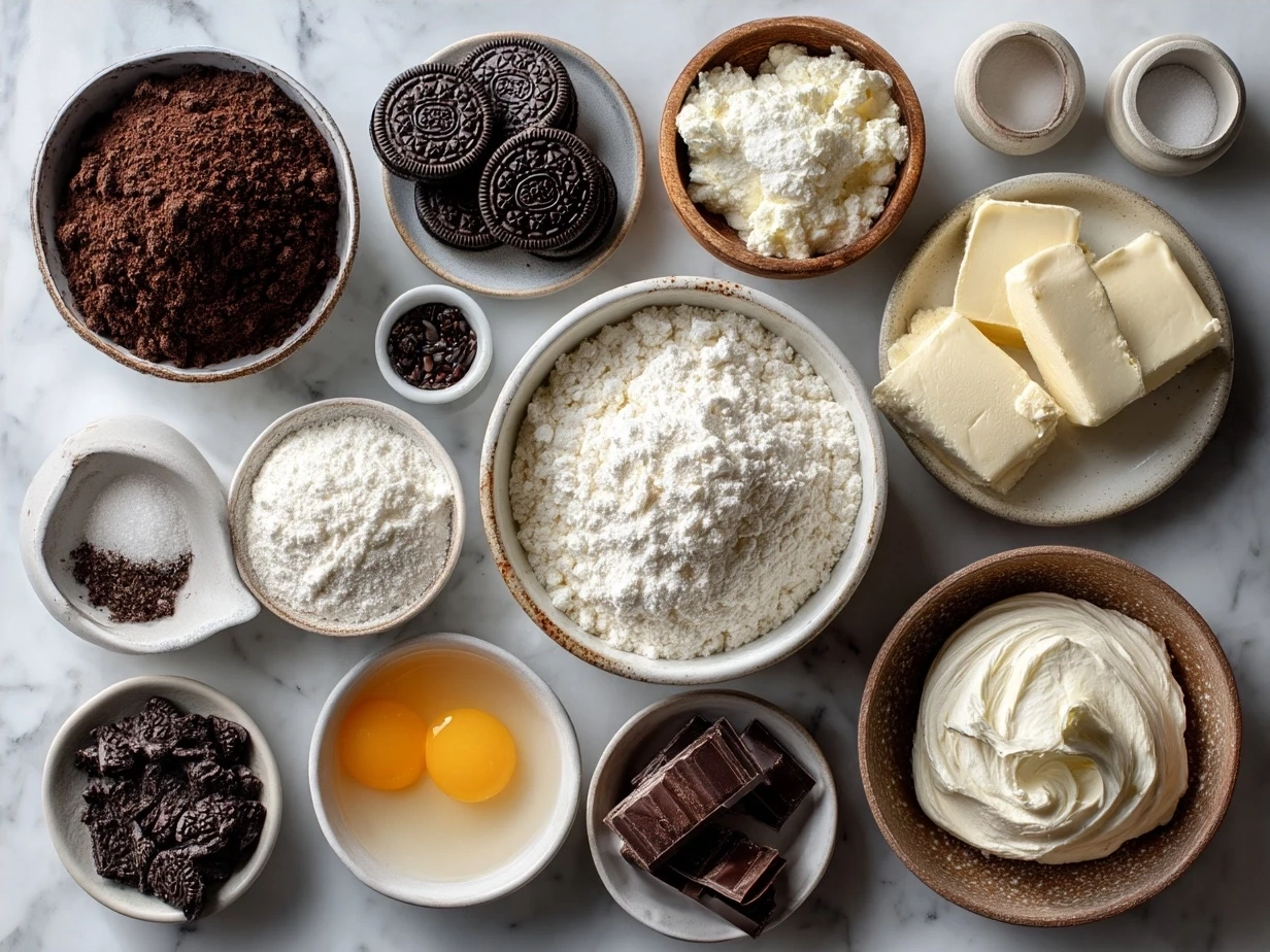 Oreo Cheesecake ingredients laid out on a table with butter, cream cheese, Oreos and sugar