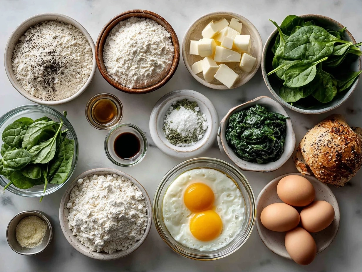 Organized mise en place ingredients for spicy jalapeño spinach artichoke dip including spinach, artichokes, cheeses, and jalapeños