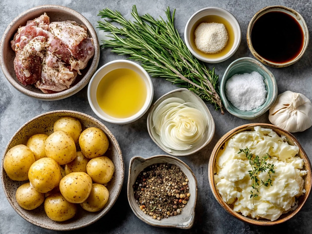 Raw ingredients for Chicken and Potatoes Dijon Sauce including chicken thighs, potatoes, Dijon mustard, garlic, and herbs