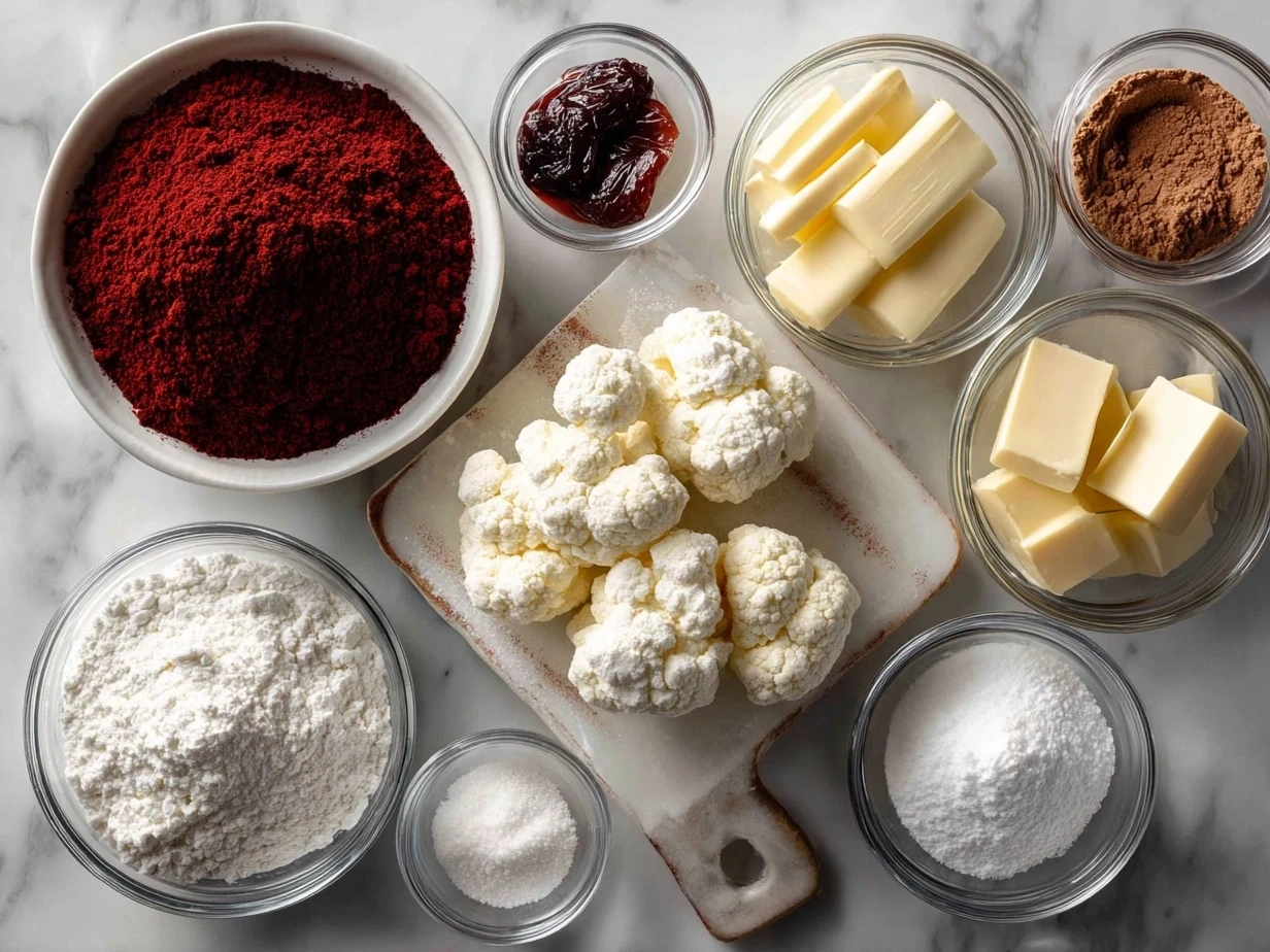 Organized ingredients for Red Velvet Cake, including flour, sugar, cocoa, buttermilk, eggs, and food coloring.