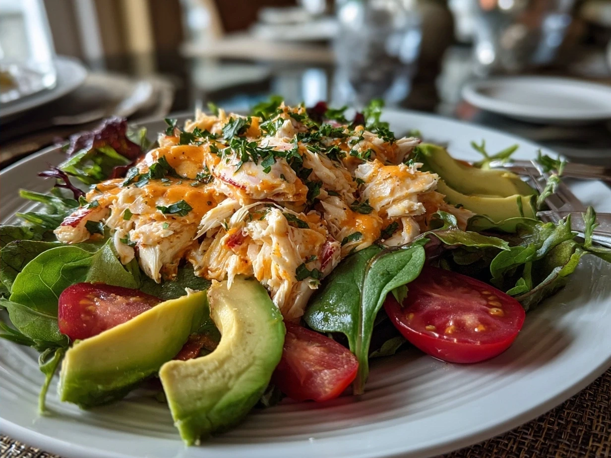 Final plated Paleo Crab Louie salad showing fresh crab, eggs, avocado, and vegetables