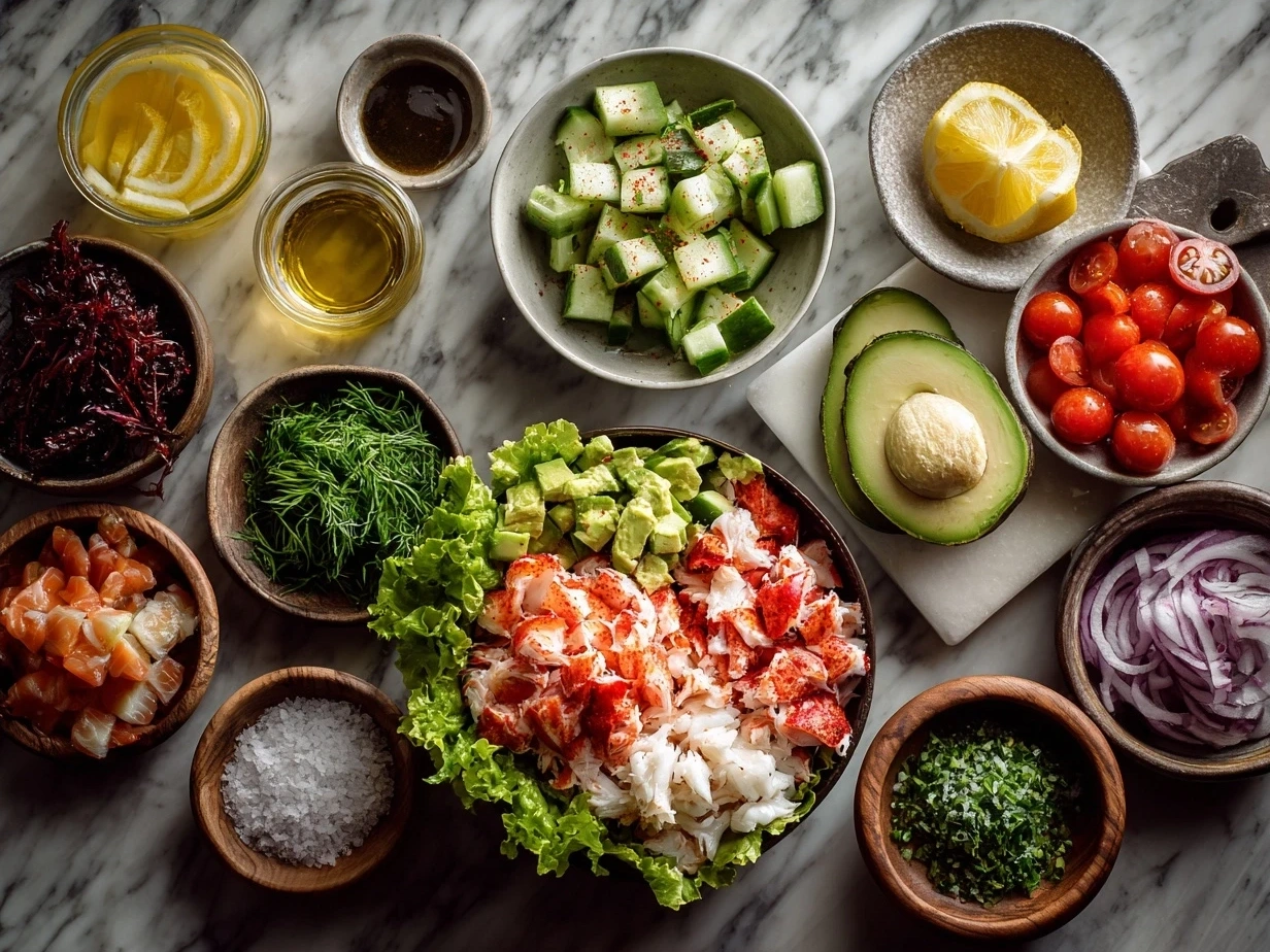 Ingredients for Paleo Crab Louie salad including fresh crab meat, eggs, lettuce, avocado, tomatoes, cucumber, radishes, and lemon