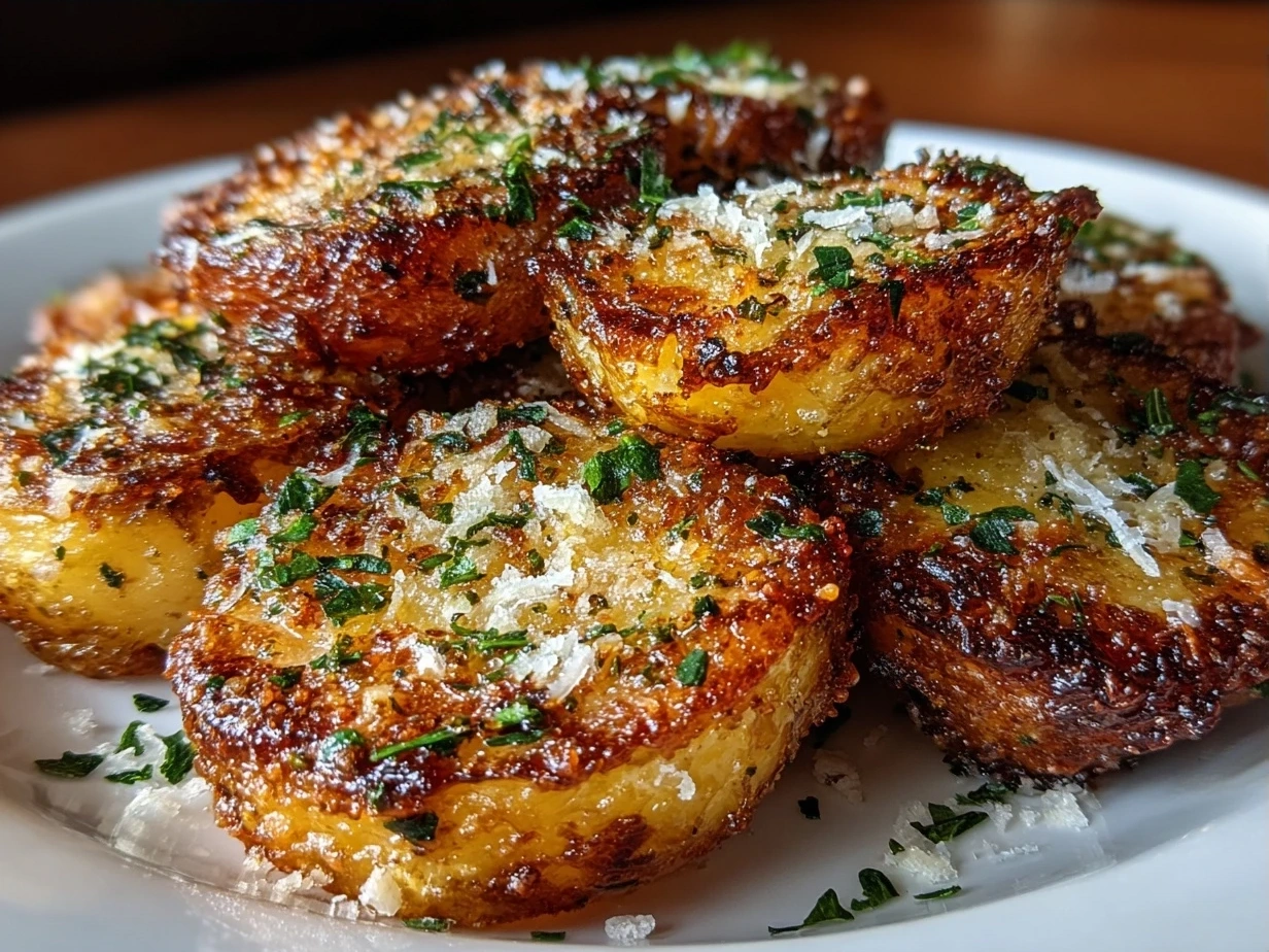 Serving of crispy roasted Parmesan Potatoes garnished with fresh parsley