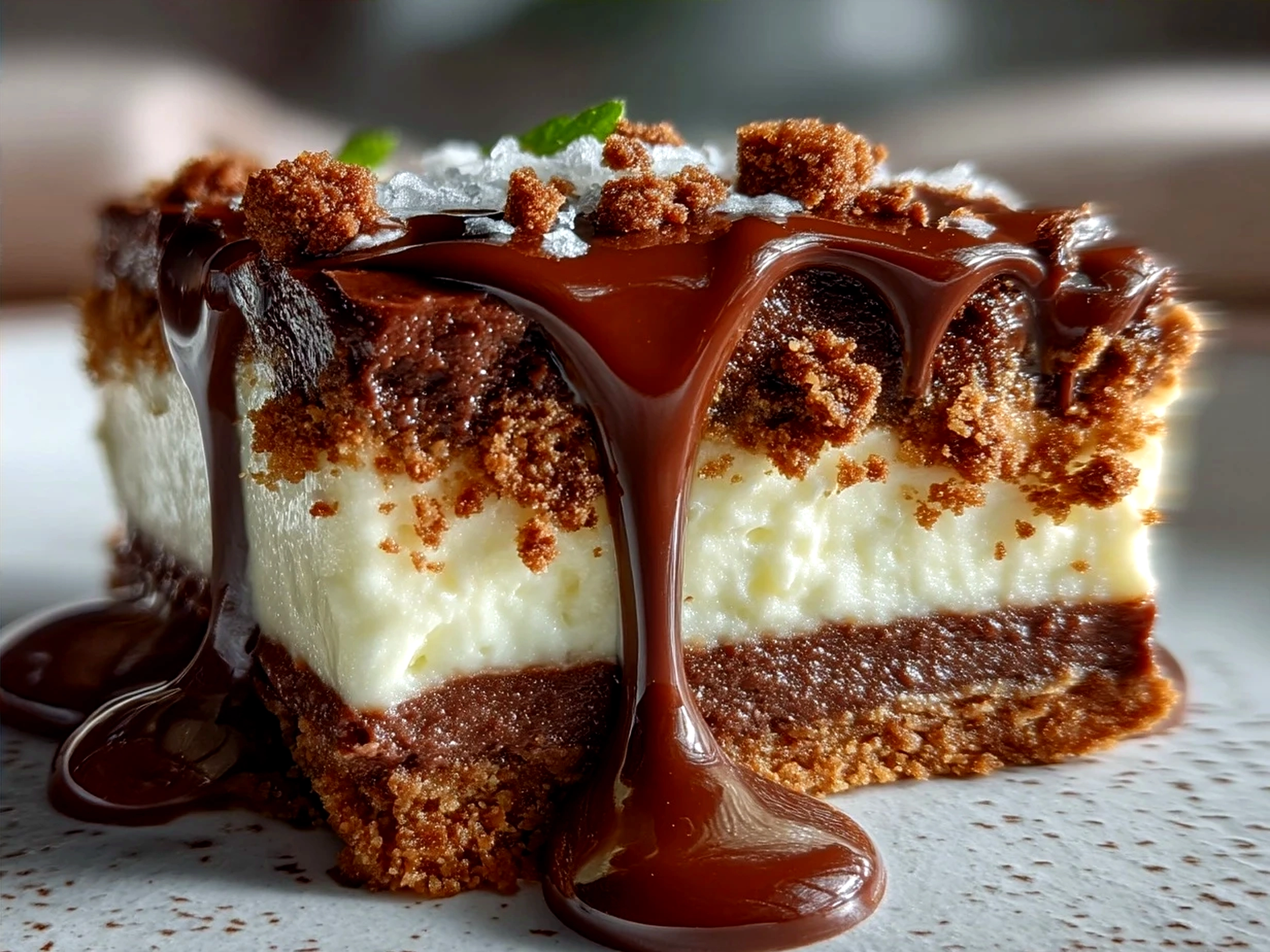 Final Peppermint Chocolate Layered Dessert served in a clear dish, showing distinct layers of mousse and chocolate cookie base