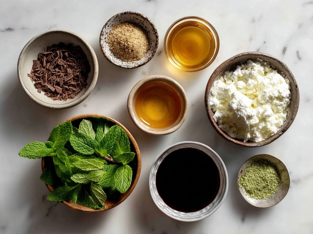 Ingredients layout for Peppermint Chocolate Layered Dessert including chocolate, whipping cream, sugar, peppermint extract, eggs, cookies, butter, and salt