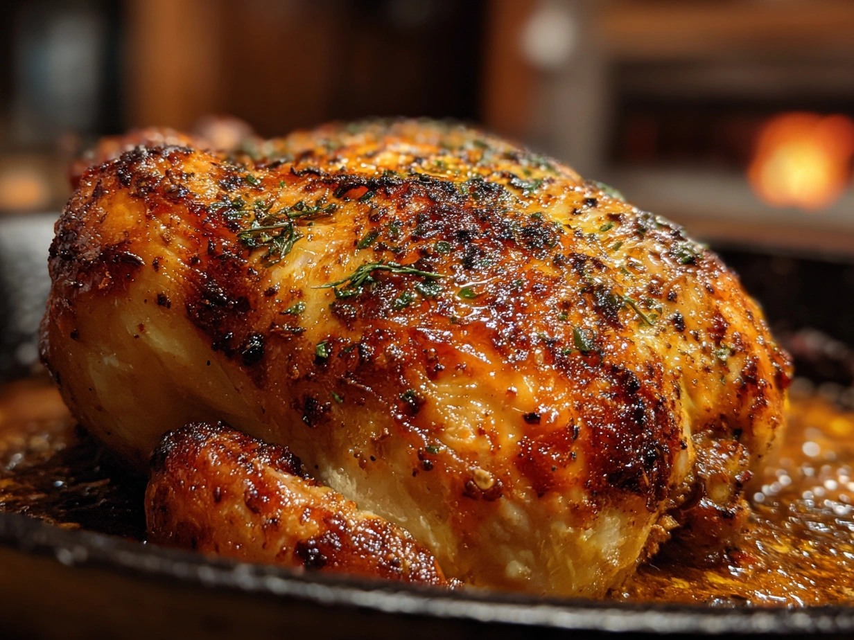 Final served Peruvian-Style Roast Chicken on a platter garnished with fresh herbs