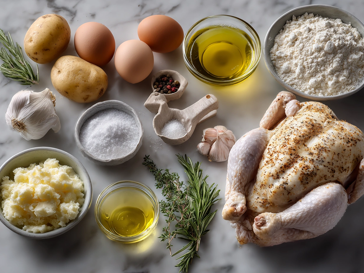 Ingredients for Peruvian-Style Roast Chicken including fresh chicken, ají amarillo paste, garlic, cumin, smoked paprika, lime, oregano, salt, pepper, and olive oil
