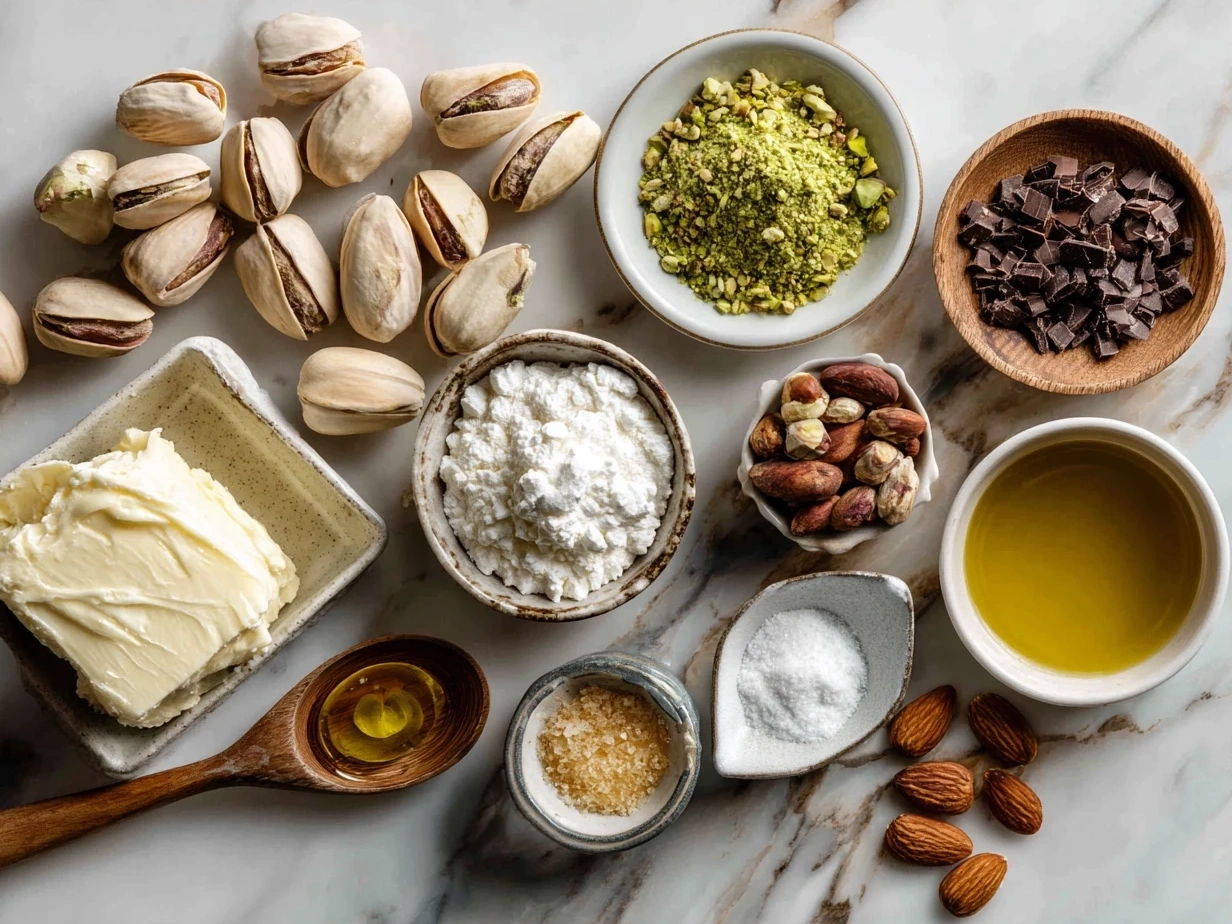 Ingredients for Pistachio Lush Dessert including pudding mix, milk, cream cheese, powdered sugar, vanilla, whipped topping, pistachios, and graham cracker crumbs
