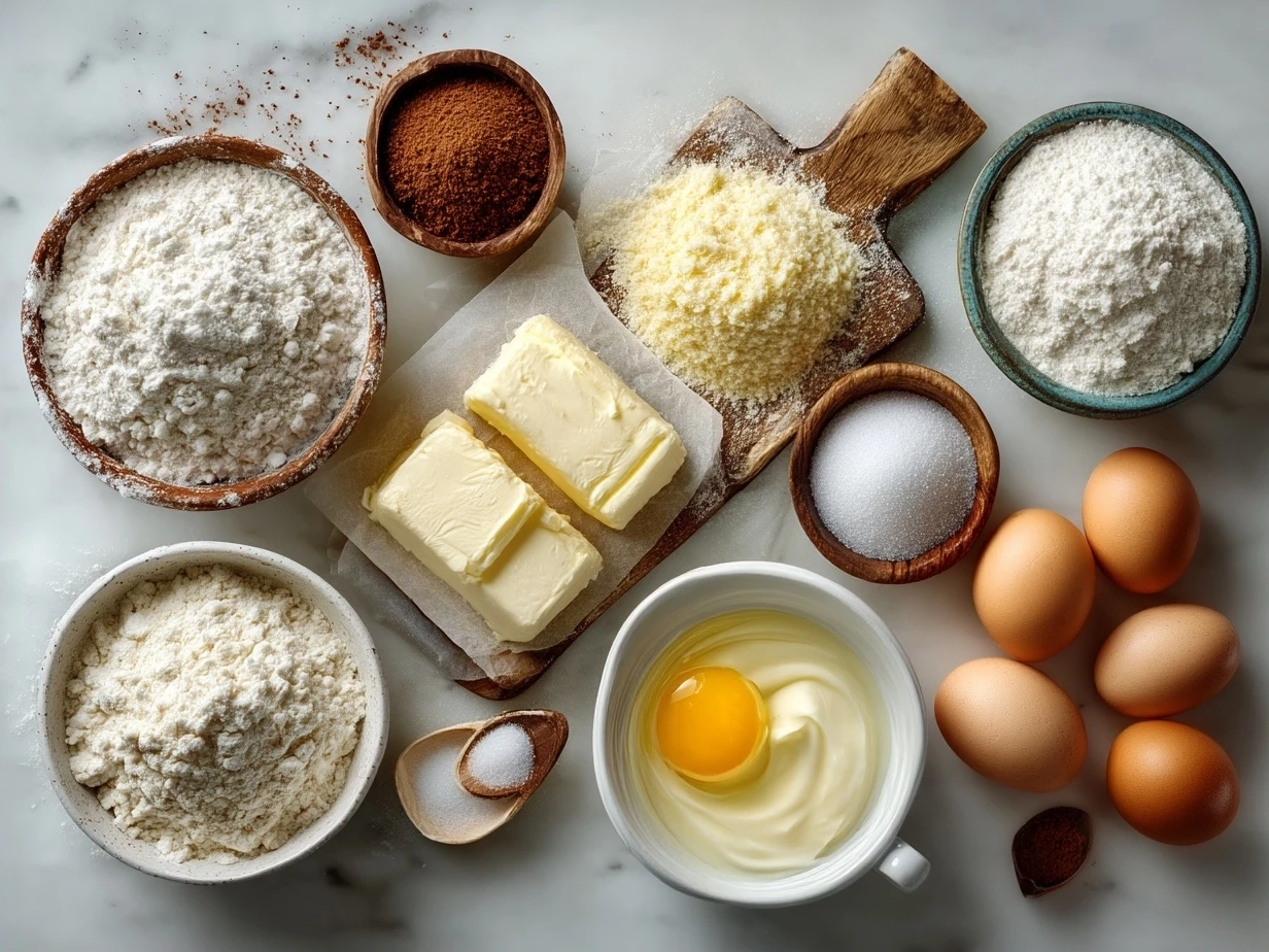 Ingredients for Polish Sernik: twaróg cheese, sugar, eggs, butter, flour, vanilla, nutmeg, lemon zest