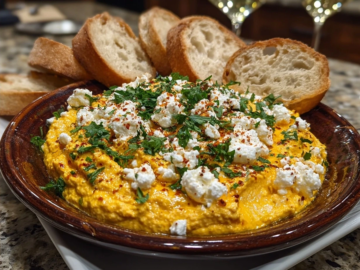 Final presentation of Pumpkin Whipped Feta Dip garnished with olive oil and toasted pumpkin seeds