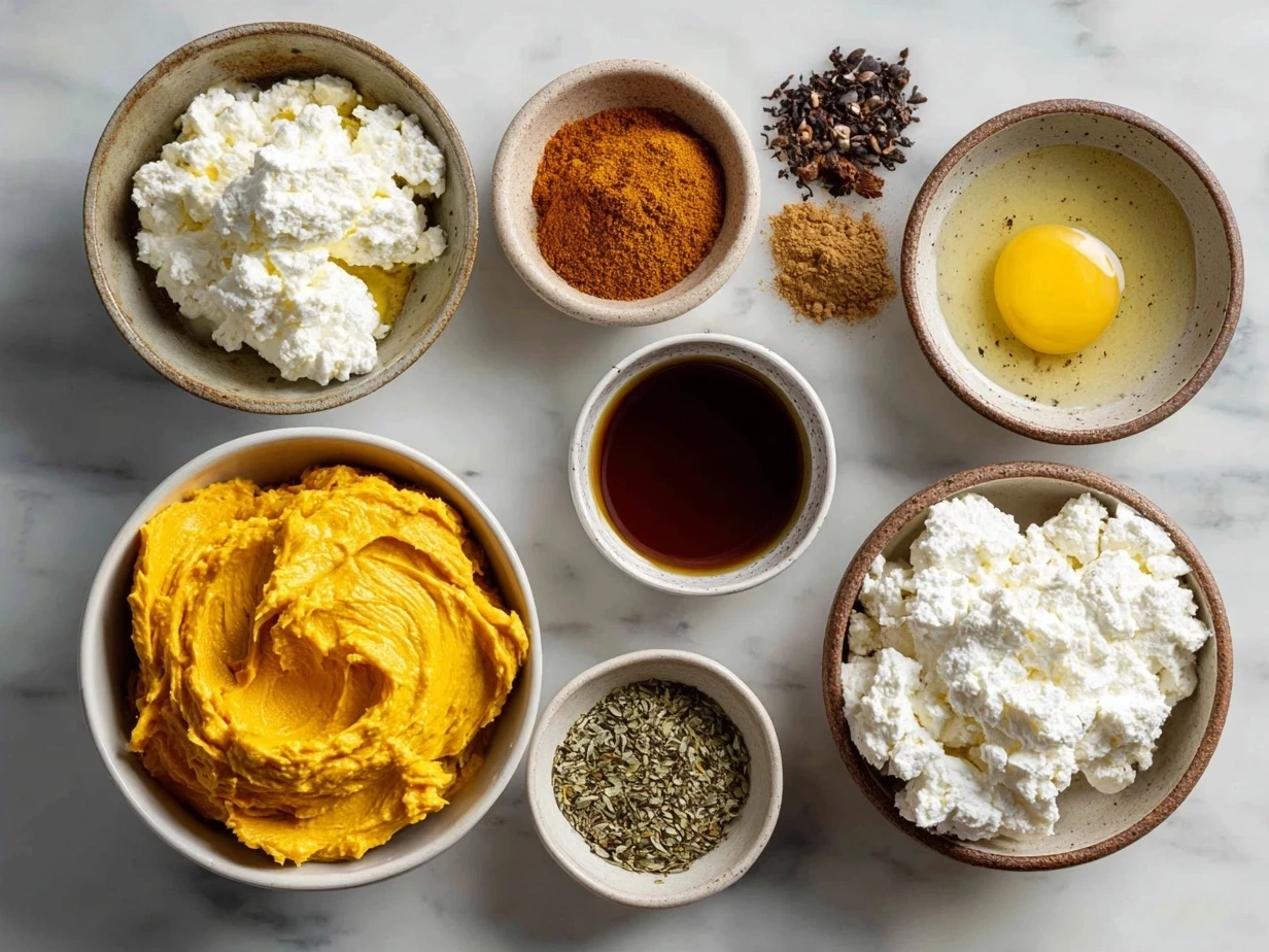 Ingredients for Pumpkin Whipped Feta Dip arranged on a wooden table including feta, pumpkin puree, spices, and olive oil