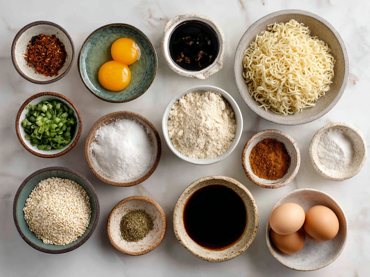 Ingredients for Ramen Noodle Soup including broth, noodles, garlic, ginger, and more