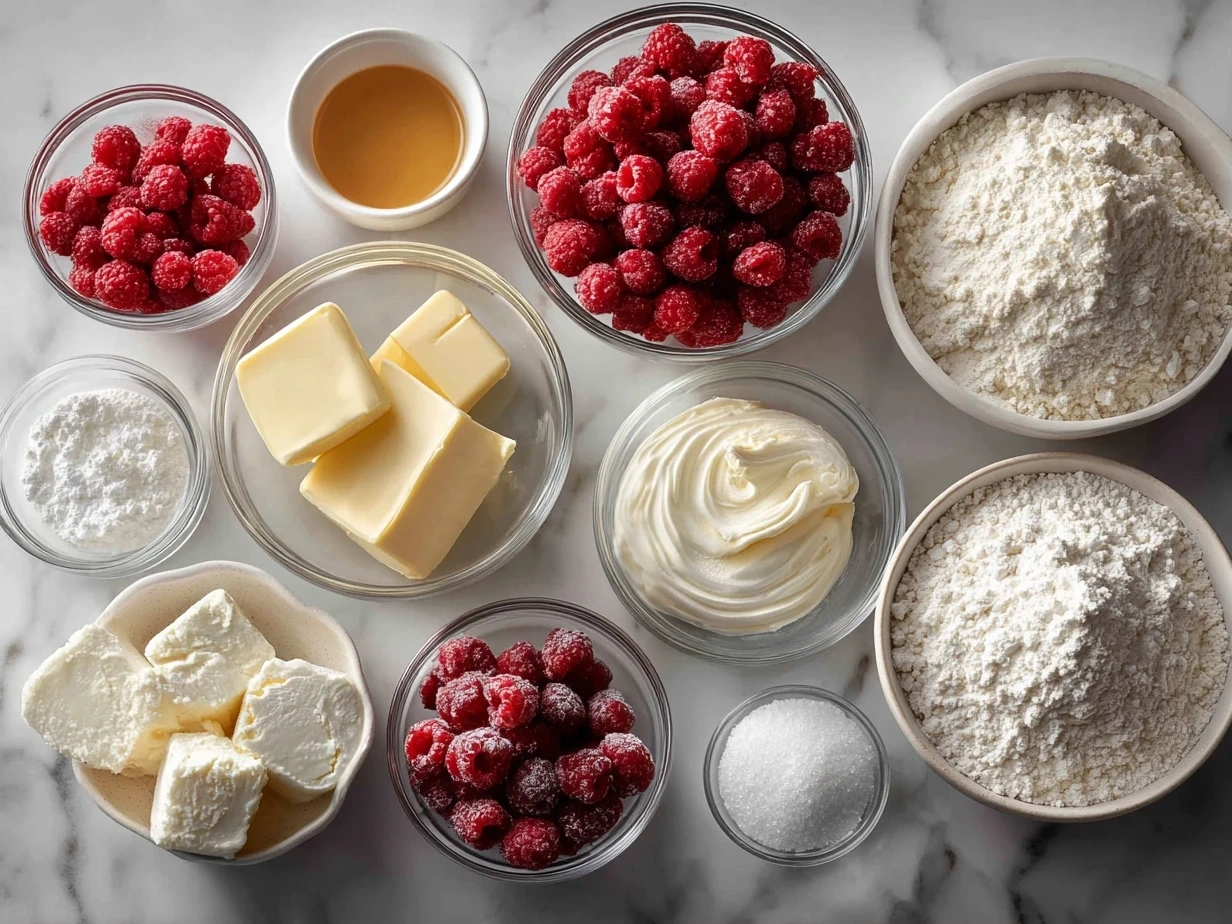 Ingredients for making Raspberry Swirl Brioche Loaf including flour, sugar, raspberries, butter, and eggs.