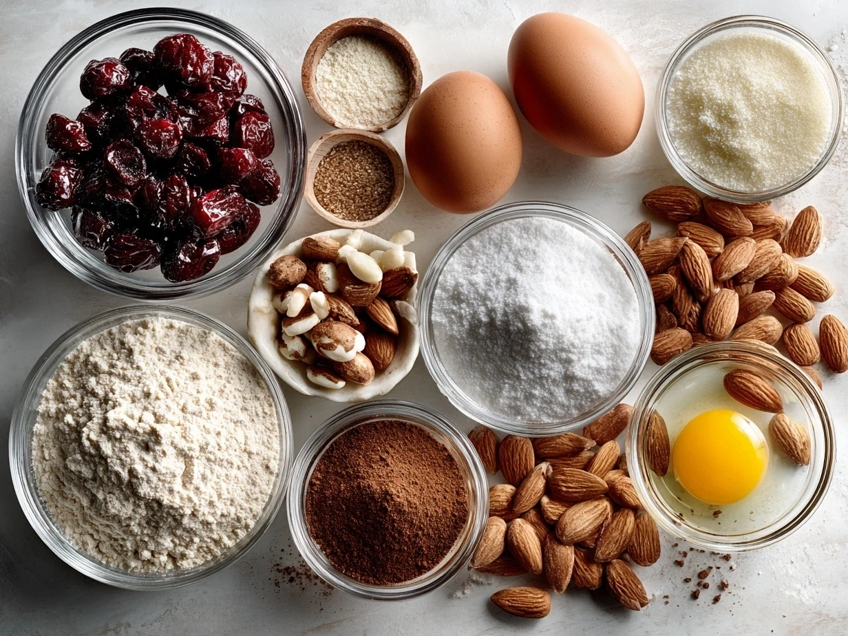 Ingredients for Almond Cherry Cookies: flour, baking powder, baking soda, salt, butter, sugar, eggs, almond extract, vanilla extract, almonds, and maraschino cherries.
