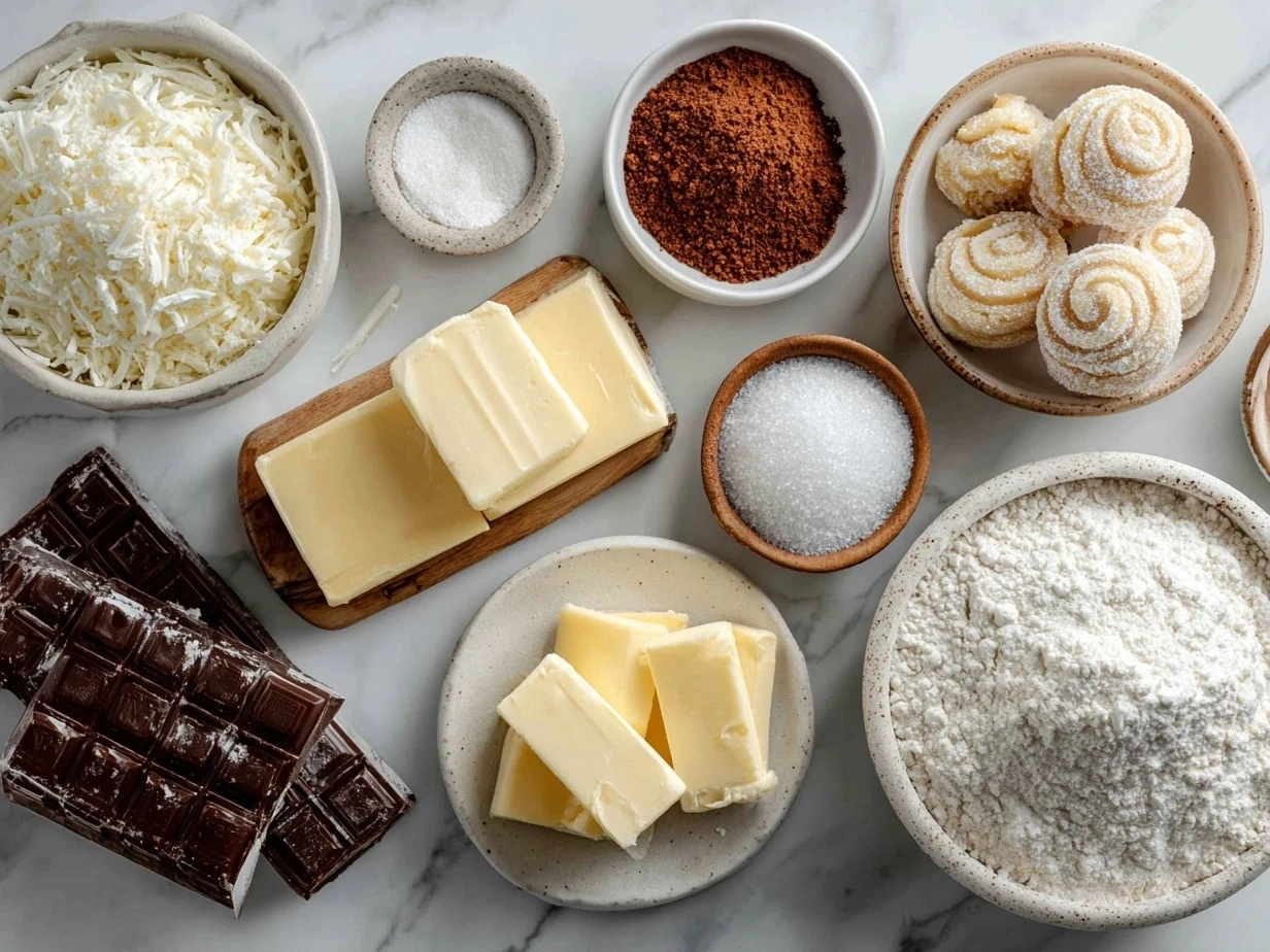 Raw ingredients for Christmas Pinwheel Cookies: flour, spices, butter, sugar, eggs, milk, food coloring