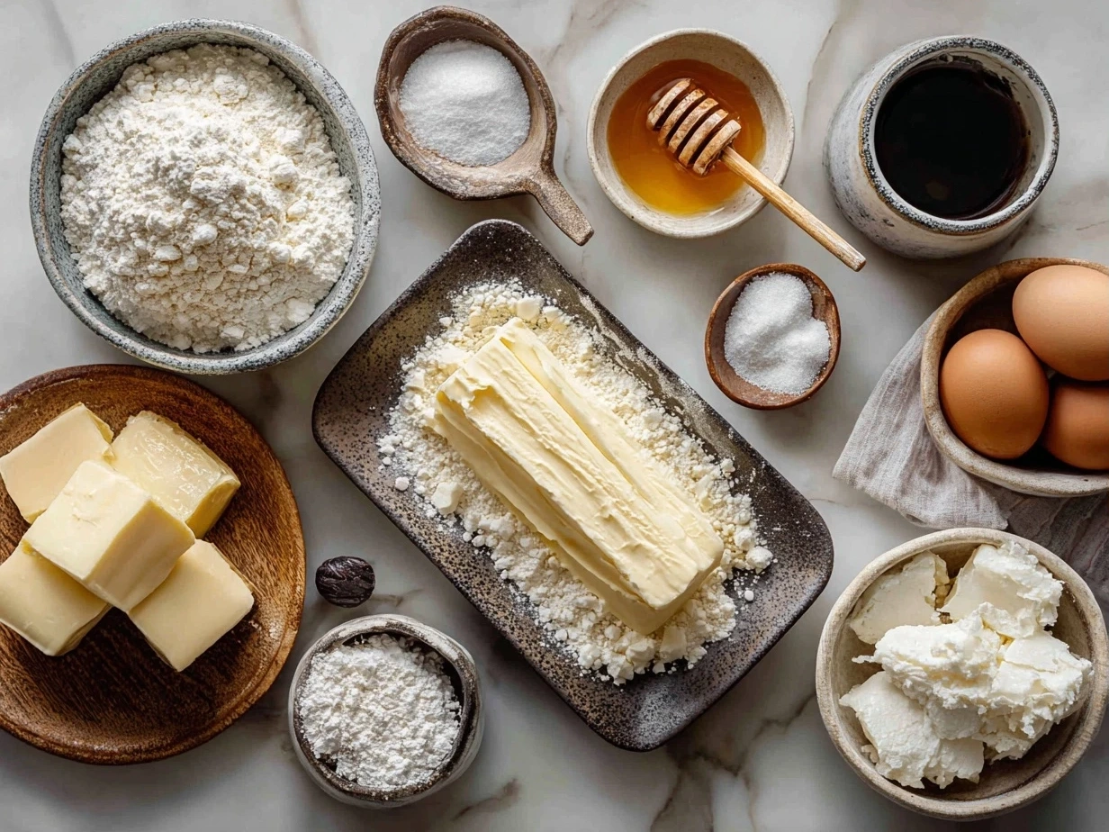 Ingredients for French Butter Cake including butter, eggs, sugar, flour, and milk