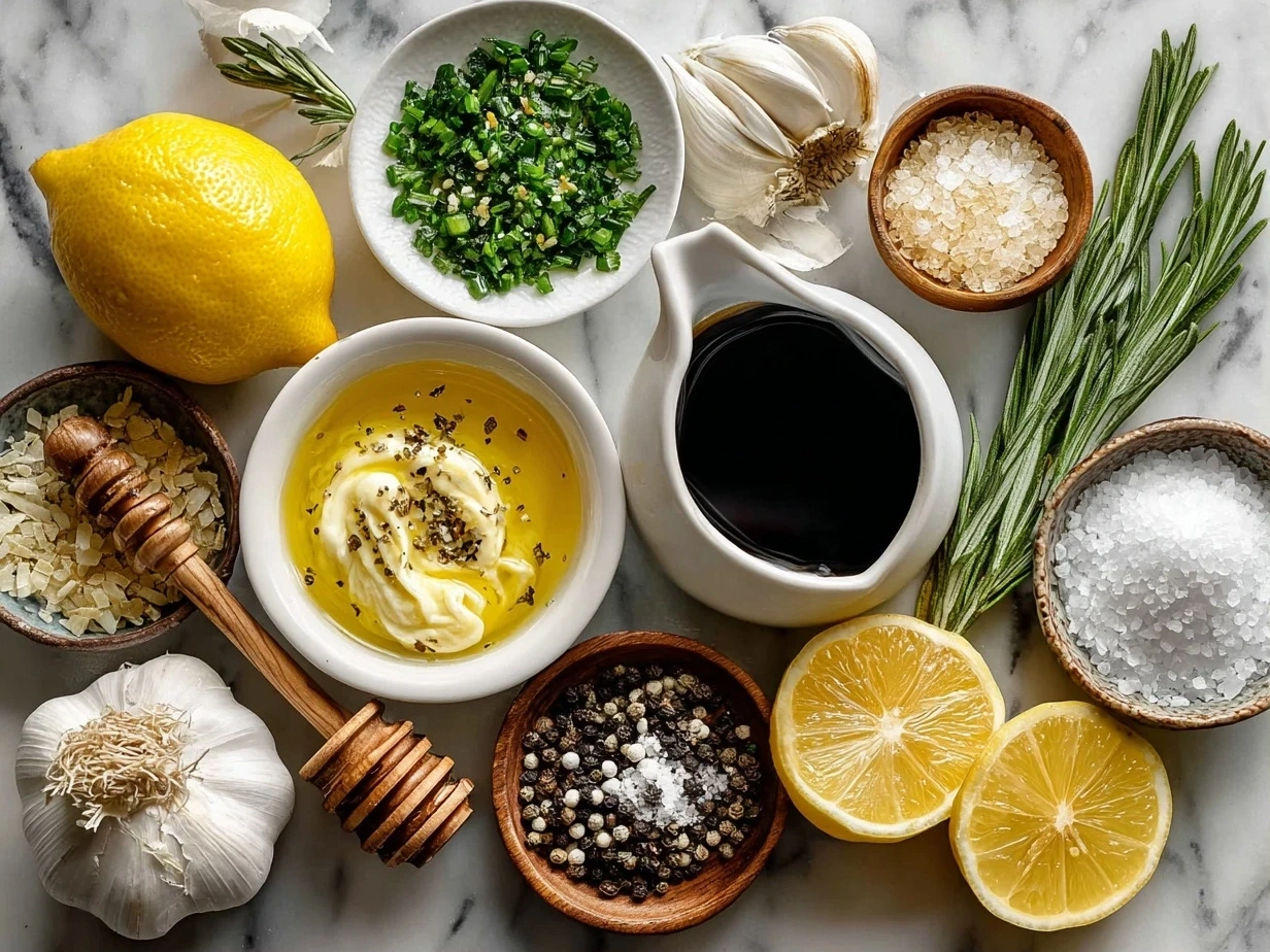 Raw ingredients for lemon vinaigrette including lemons, olive oil, garlic and mustard