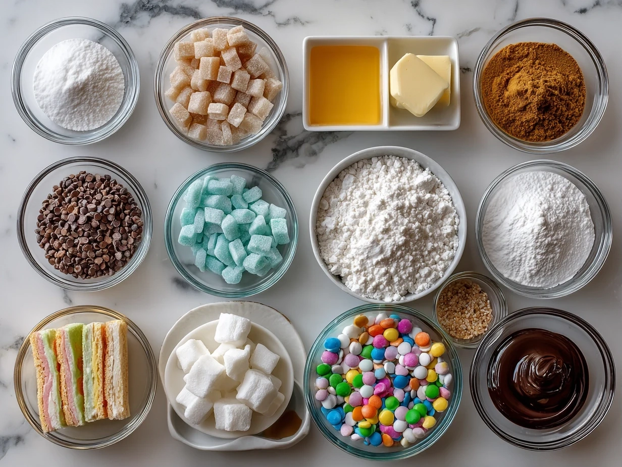Ingredients for Old-Fashioned Gumdrop Nougat Candy: sugar, corn syrup, water, egg whites, salt, vanilla extract, gumdrops, and powdered sugar.
