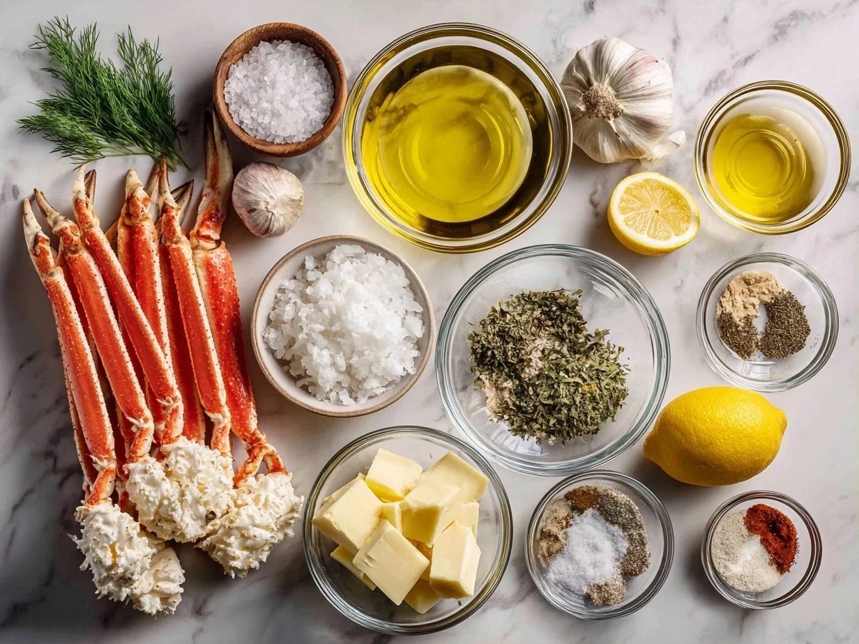 Raw ingredients for oven baked snow crab legs including crab legs, butter, garlic, and spices