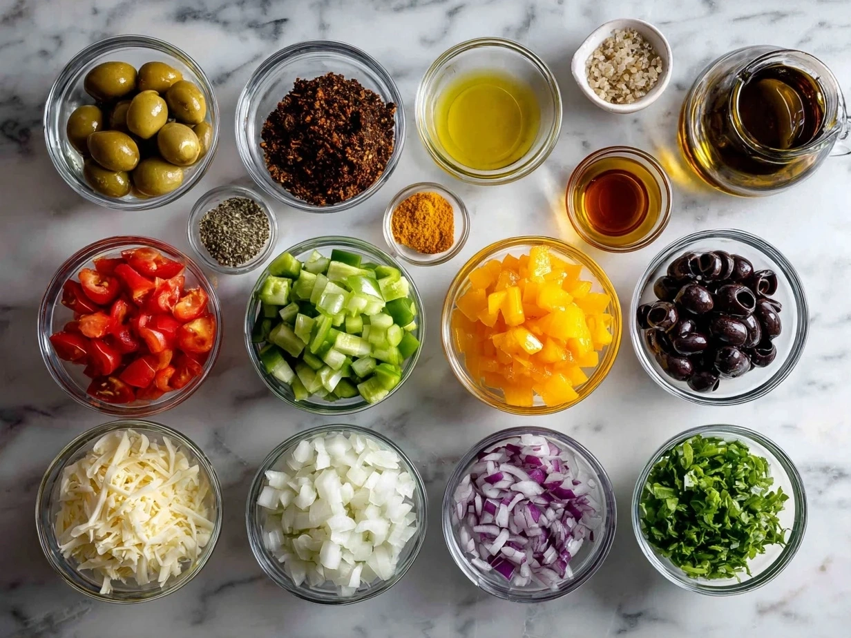 A variety of fresh, raw ingredients including black-eyed peas, black beans, corn, red bell pepper, red onion, jalapeno, cilantro, red wine vinegar, olive oil, lime, cumin, chili powder, salt, and pepper are displayed for making Texas Caviar.