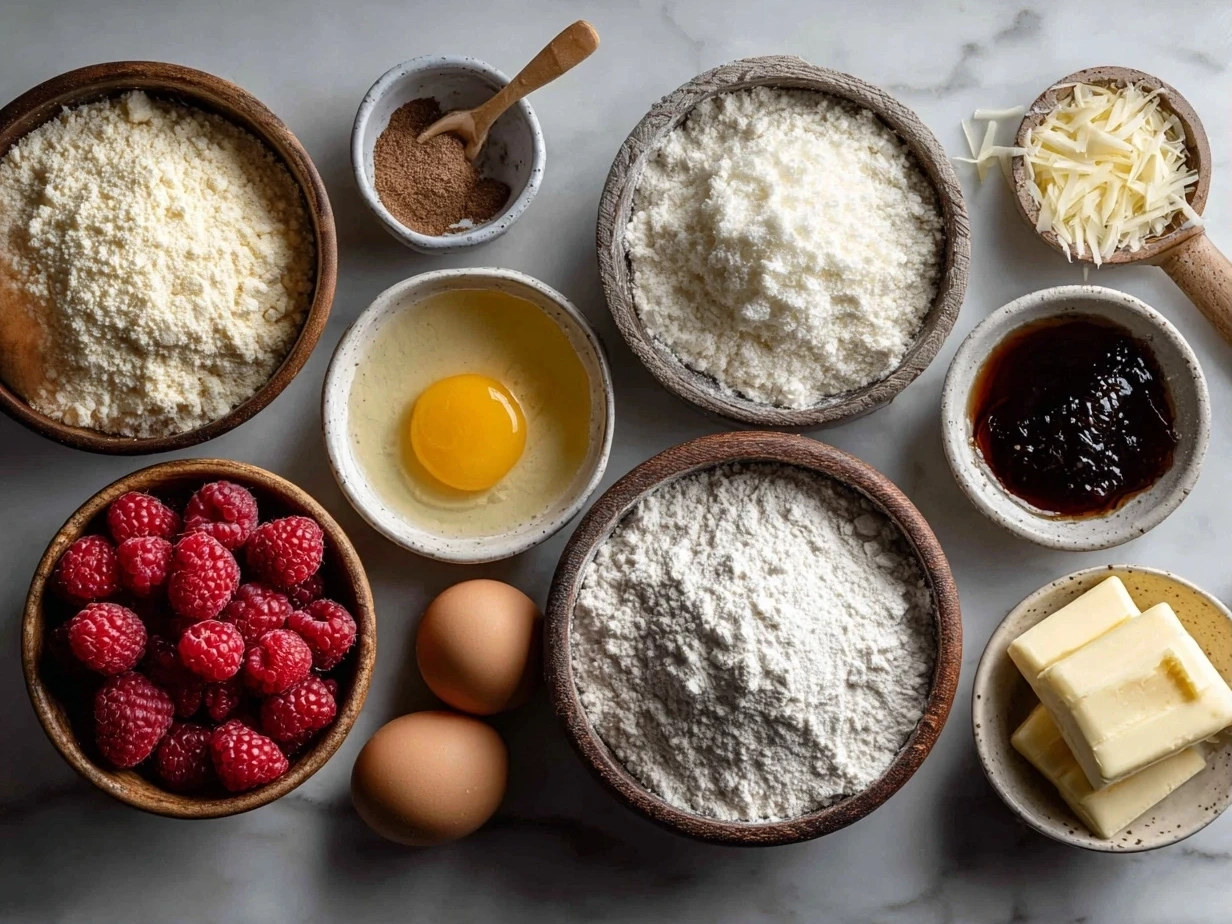 Raw ingredients for White Chocolate Raspberry Bundt Cake laid out on a kitchen counter