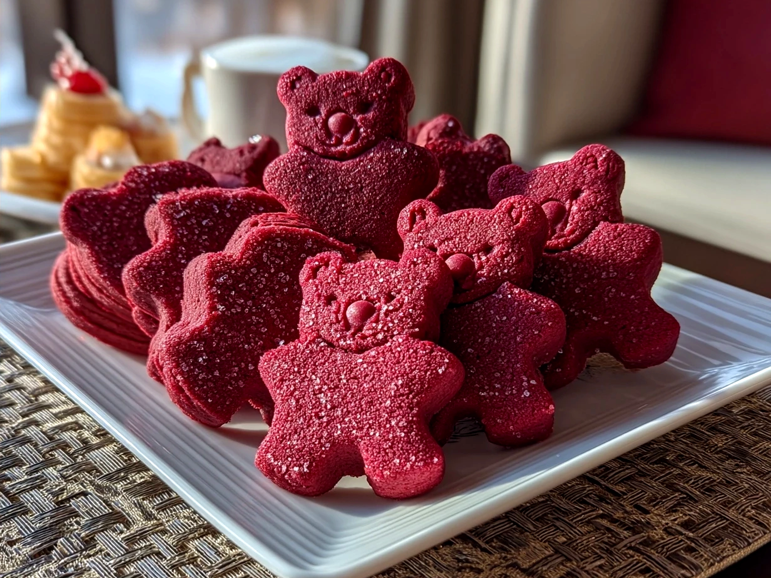 Plate of finished Red Velvet Bear Cookies ready to eat with cream cheese frosting